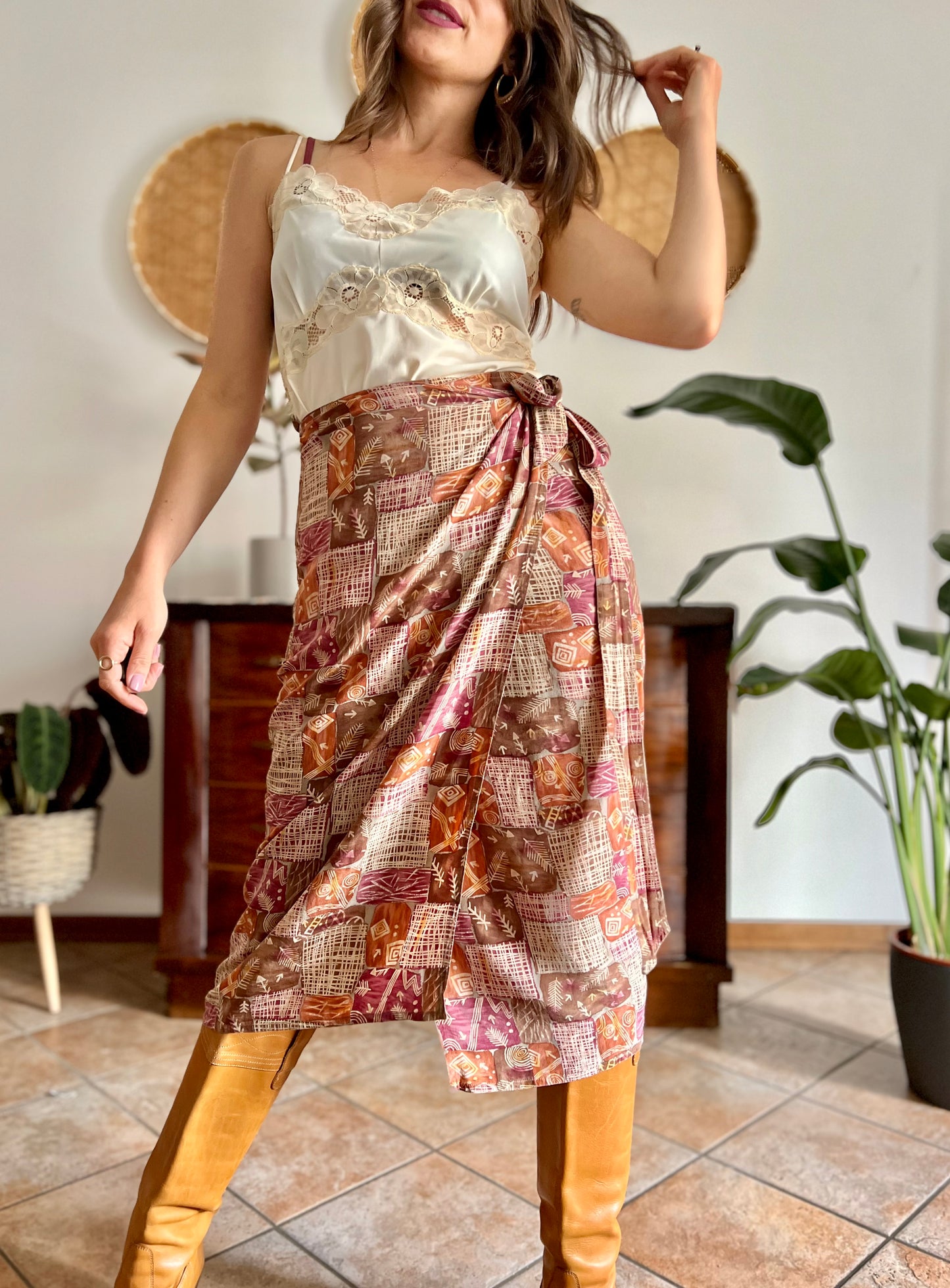 1990's vintage brown and and pink abstract geometric print silk wrap midi skirt