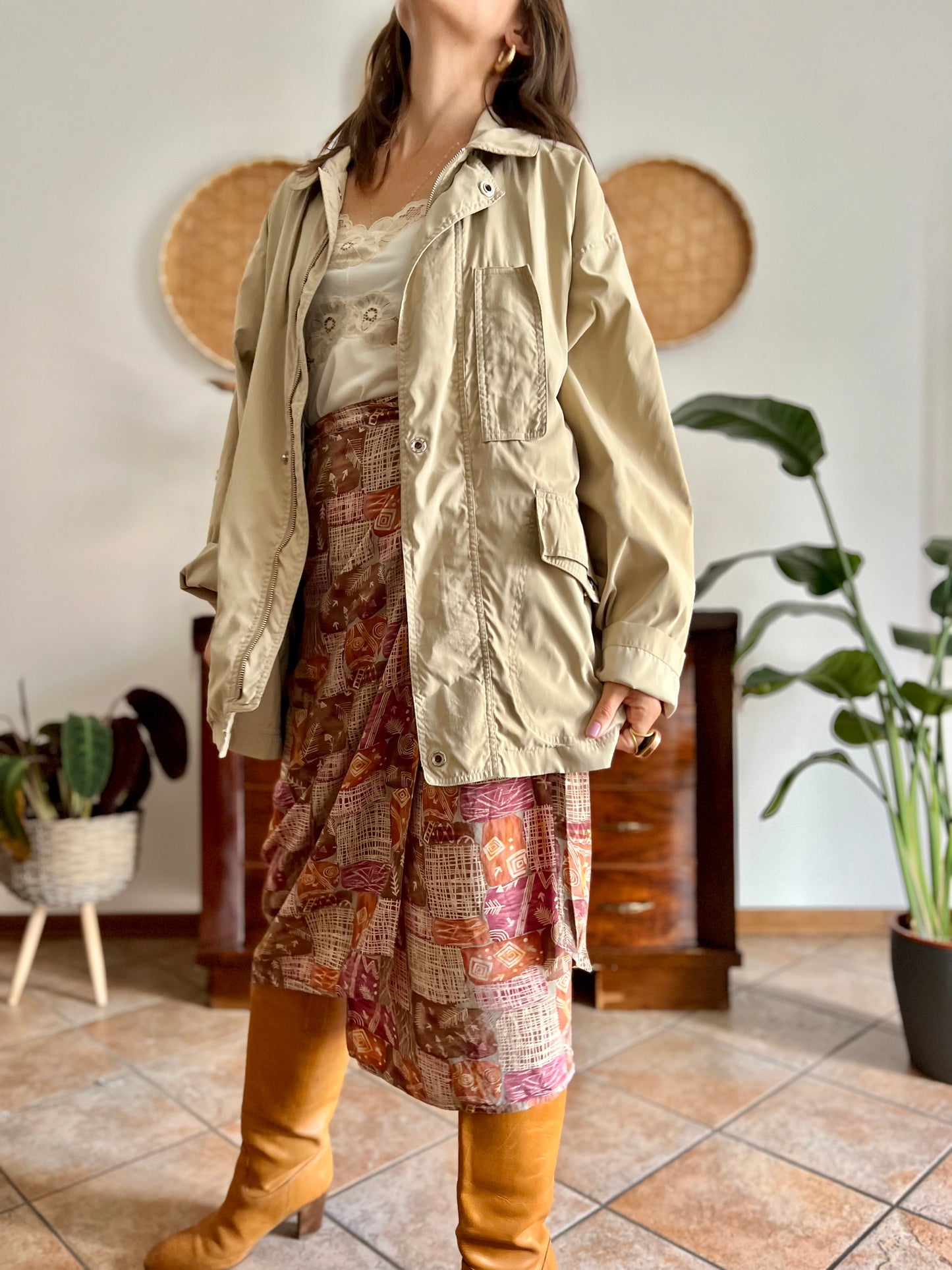 1990's vintage beige trench spring trench coat with blue and white stripe lining