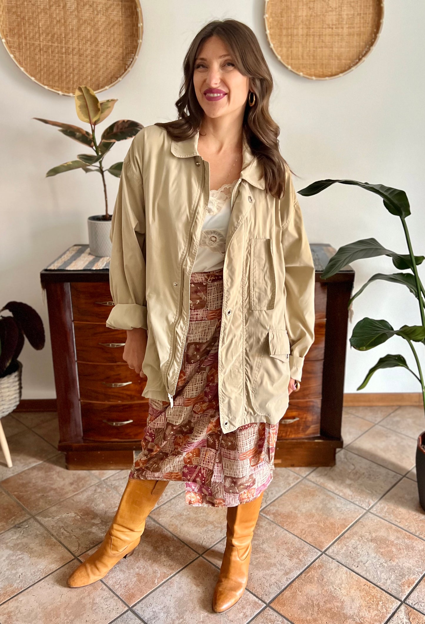 1990's vintage beige trench spring trench coat with blue and white stripe lining