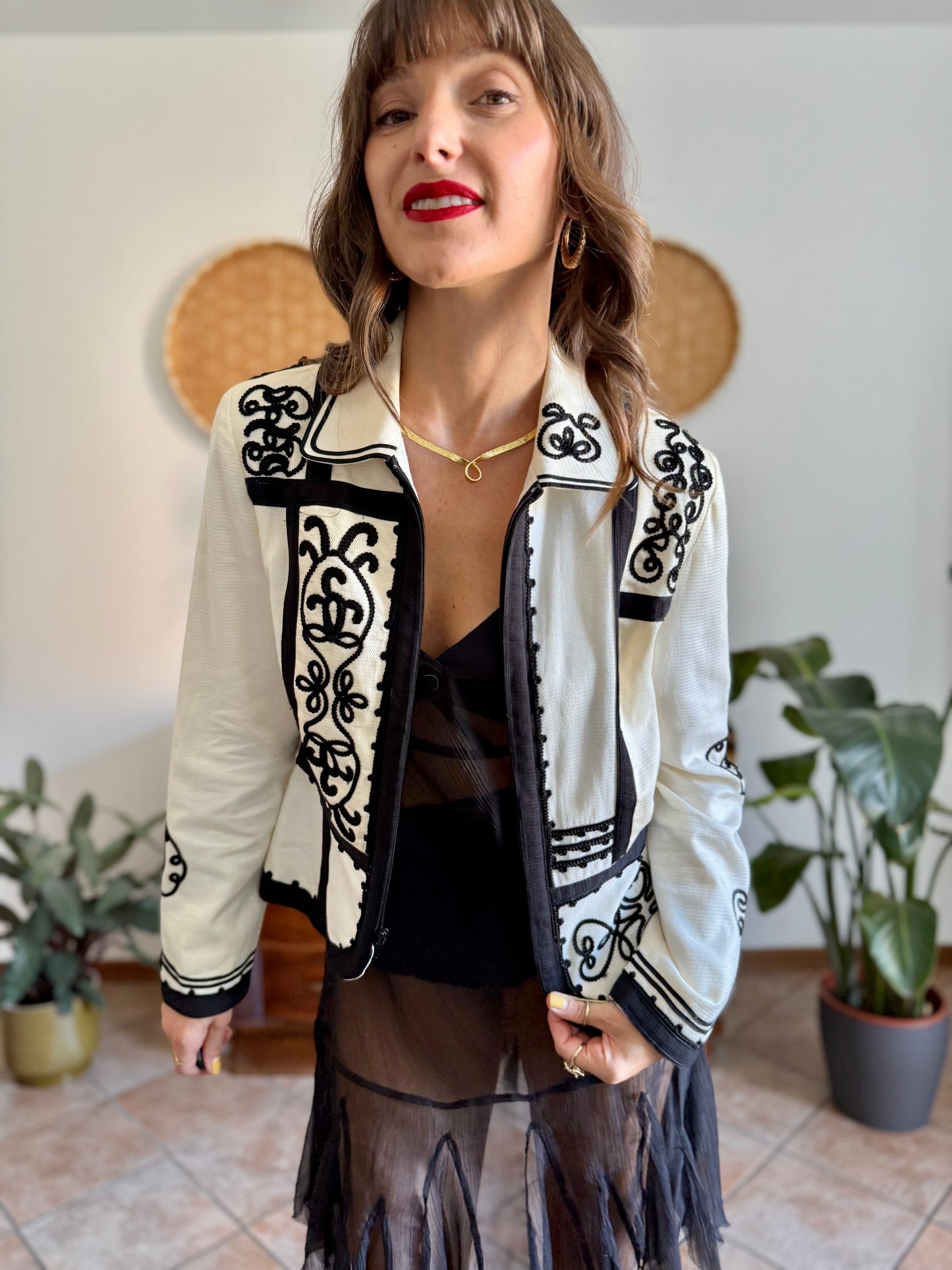 1990's vintage cream textured blazer with black textured embroidery