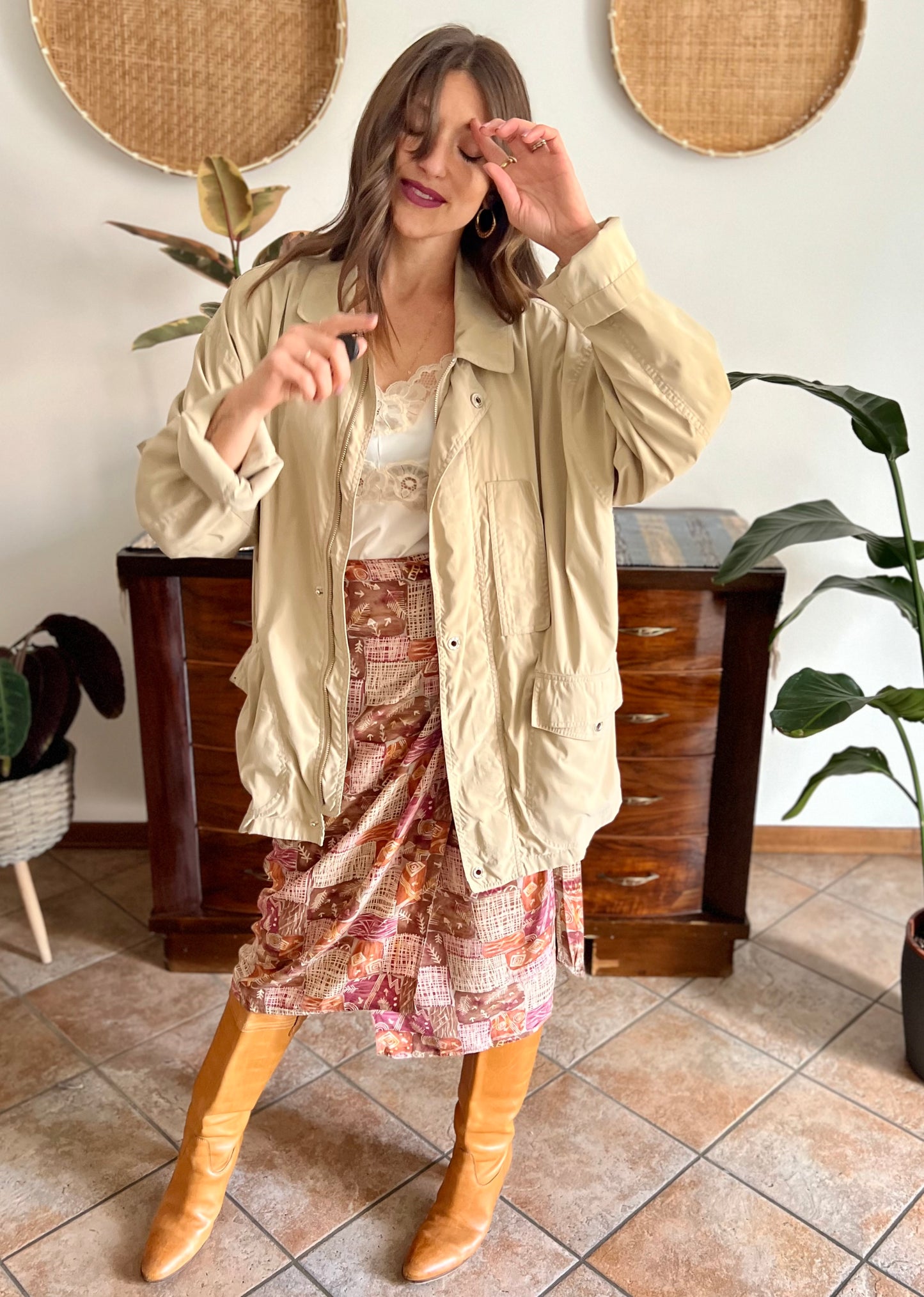 1990's vintage beige trench spring trench coat with blue and white stripe lining