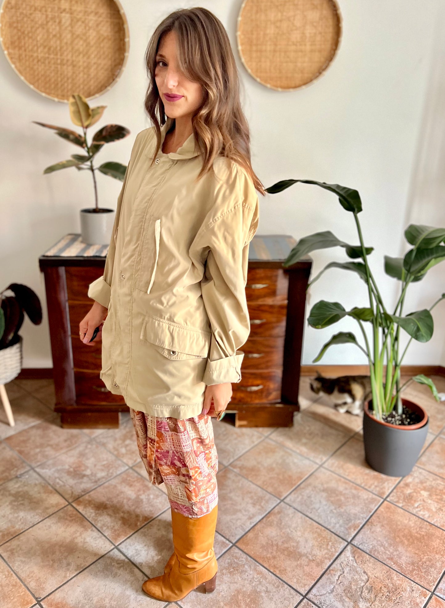 1990's vintage beige trench spring trench coat with blue and white stripe lining