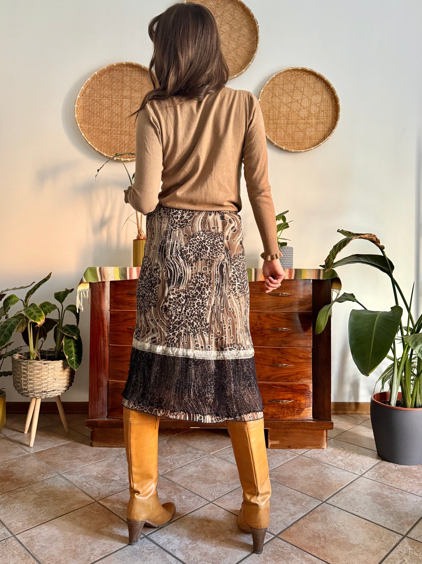 1990's vintage brown and black animal print midi skirt