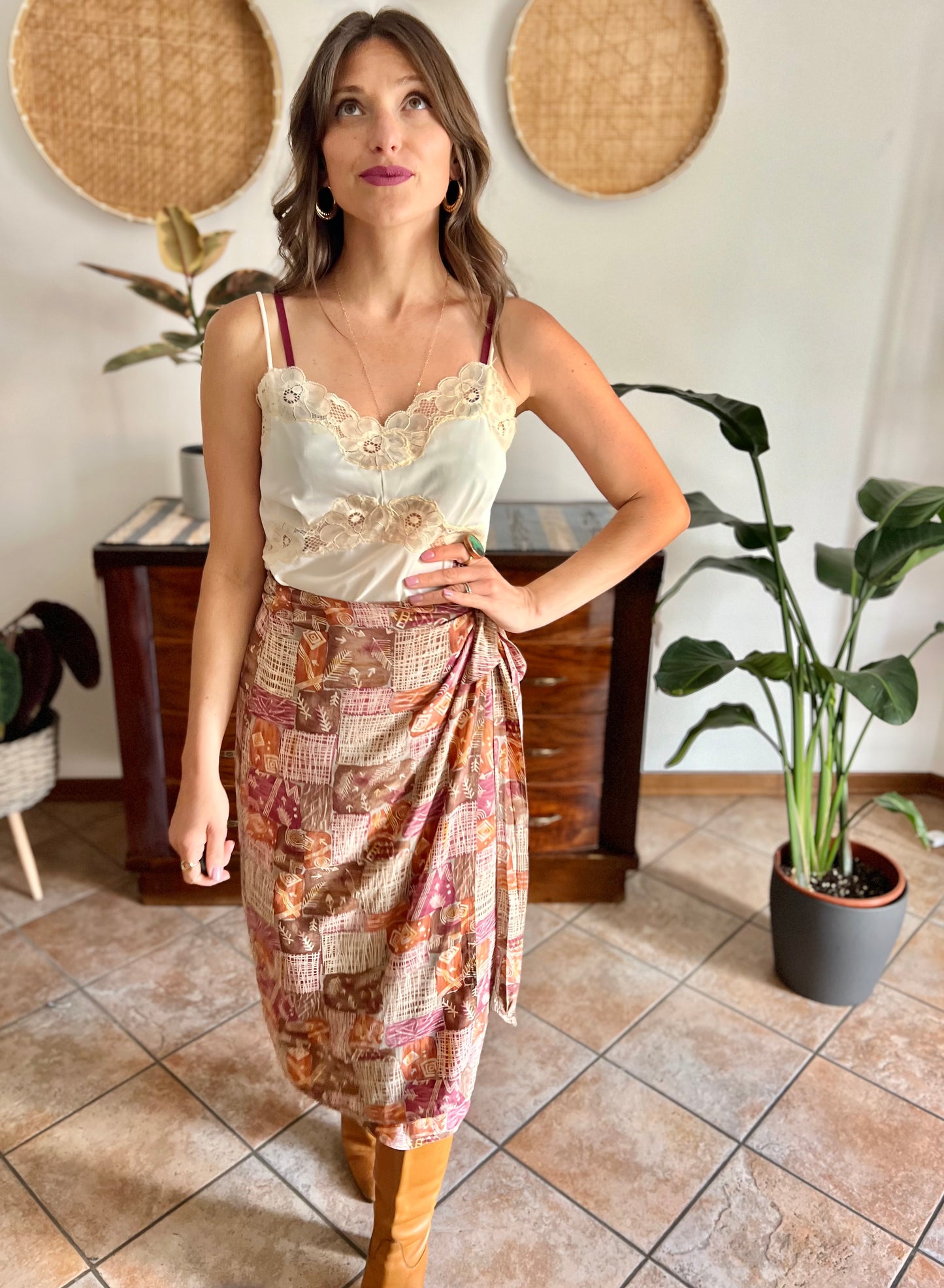 1990's vintage brown and and pink abstract geometric print silk wrap midi skirt