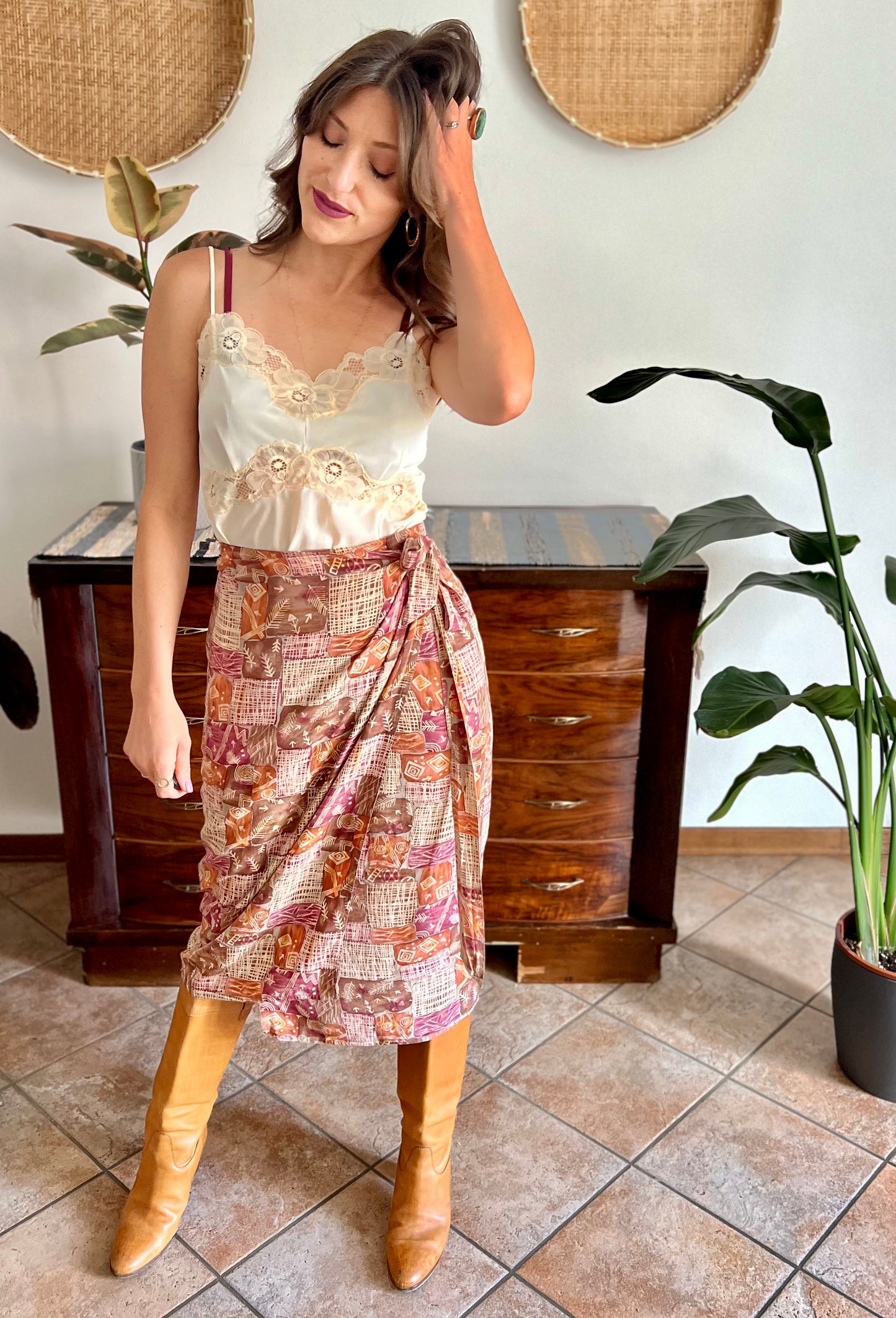 1990's vintage brown and and pink abstract geometric print silk wrap midi skirt
