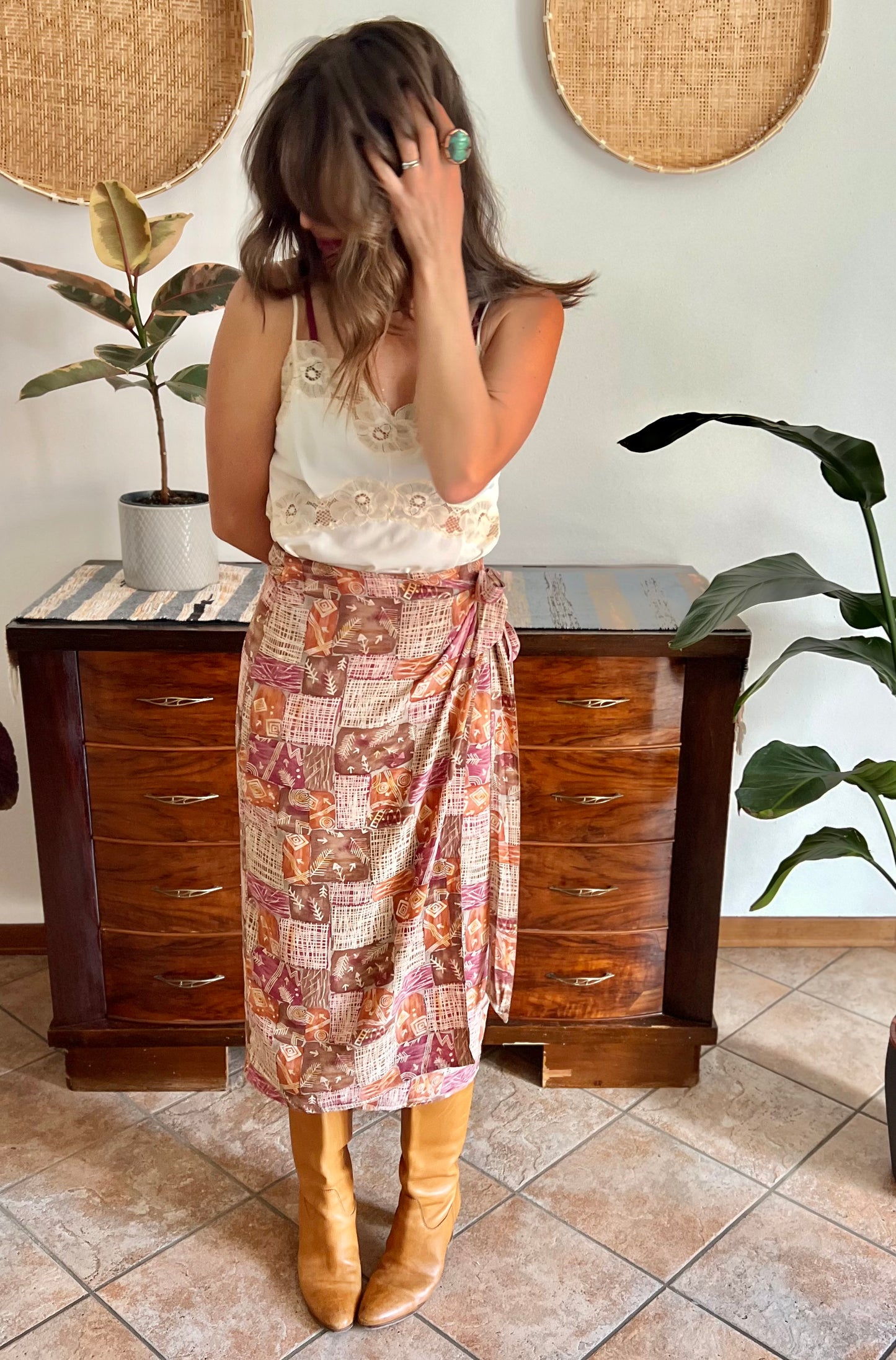 1990's vintage brown and and pink abstract geometric print silk wrap midi skirt
