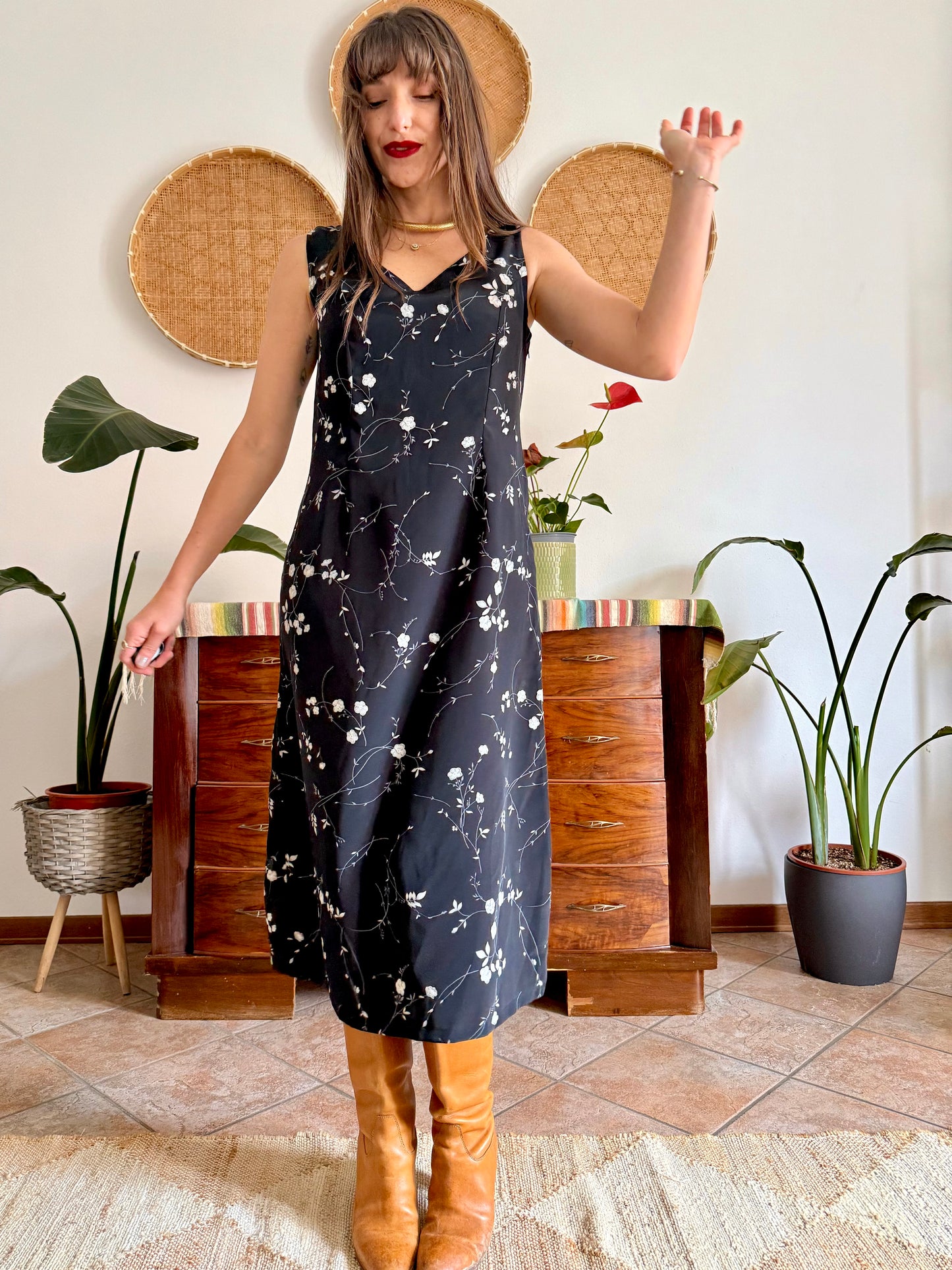 1990's vintage black maxi slip dress with white floral print