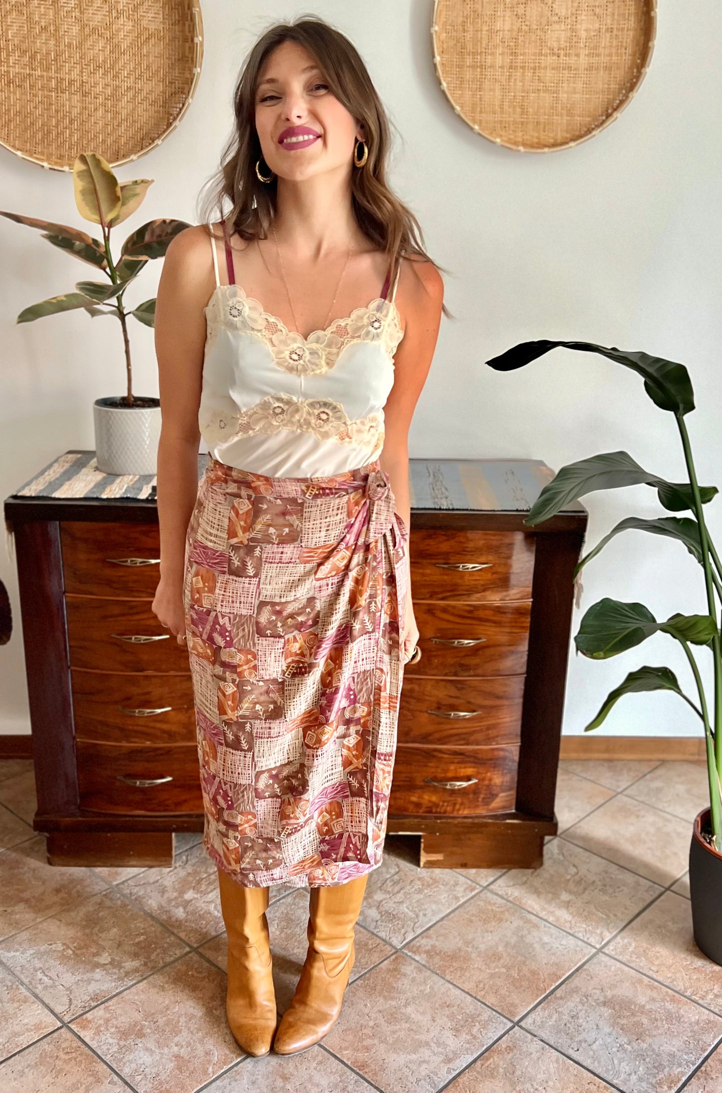 1990's vintage brown and and pink abstract geometric print silk wrap midi skirt
