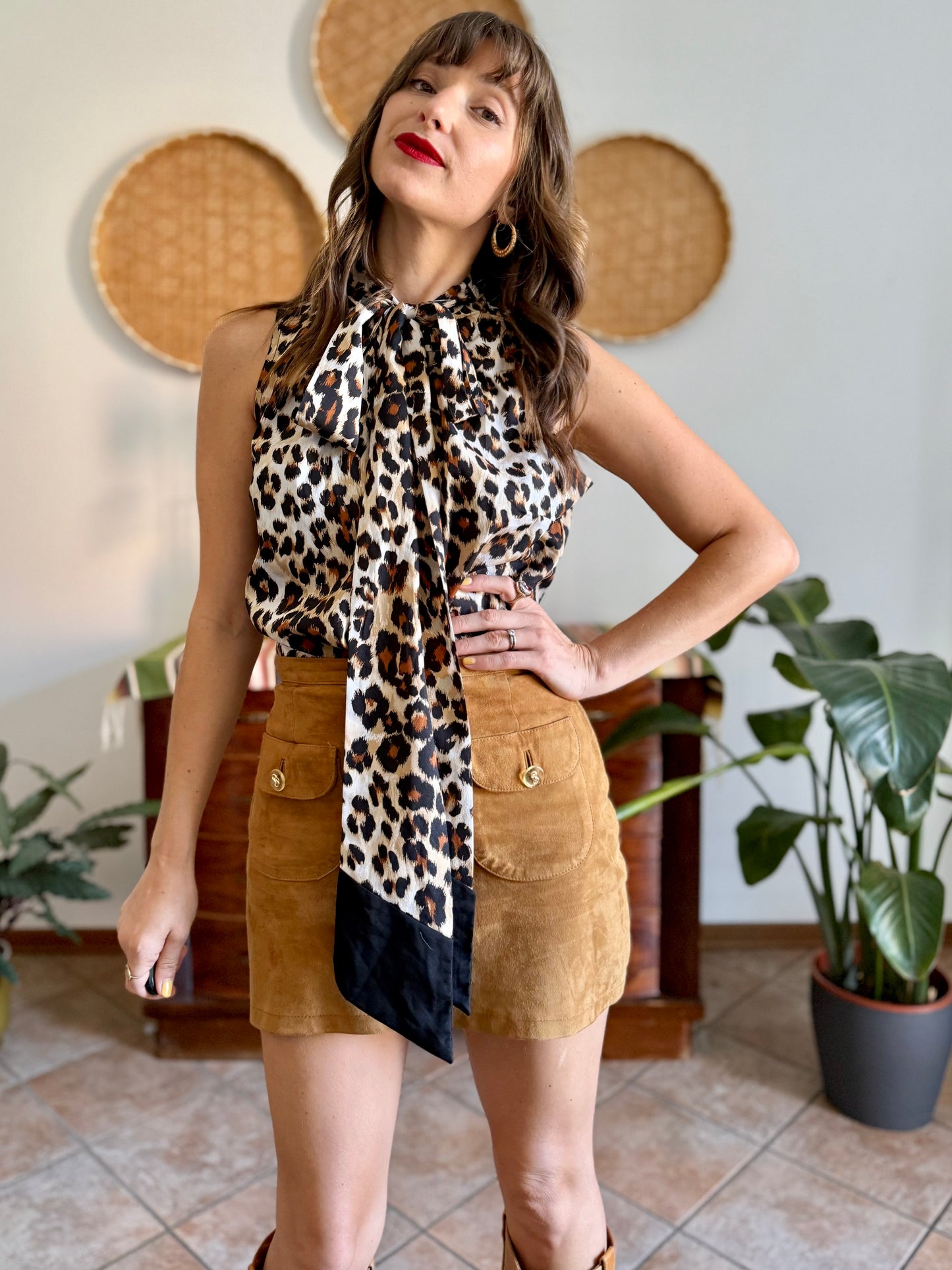 1990’s vintage black and tan leopard print bow tie/ card blouse