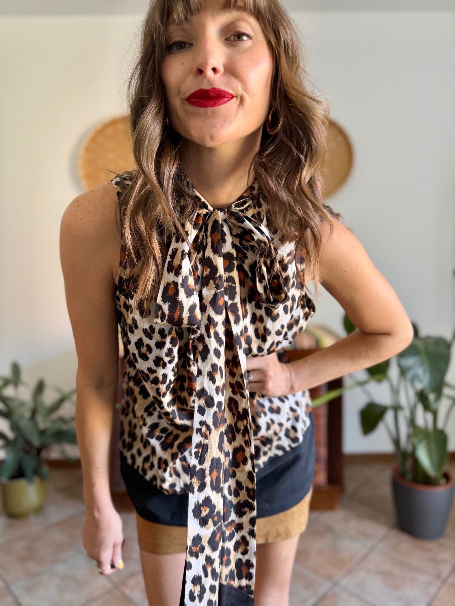1990’s vintage black and tan leopard print bow tie/ card blouse