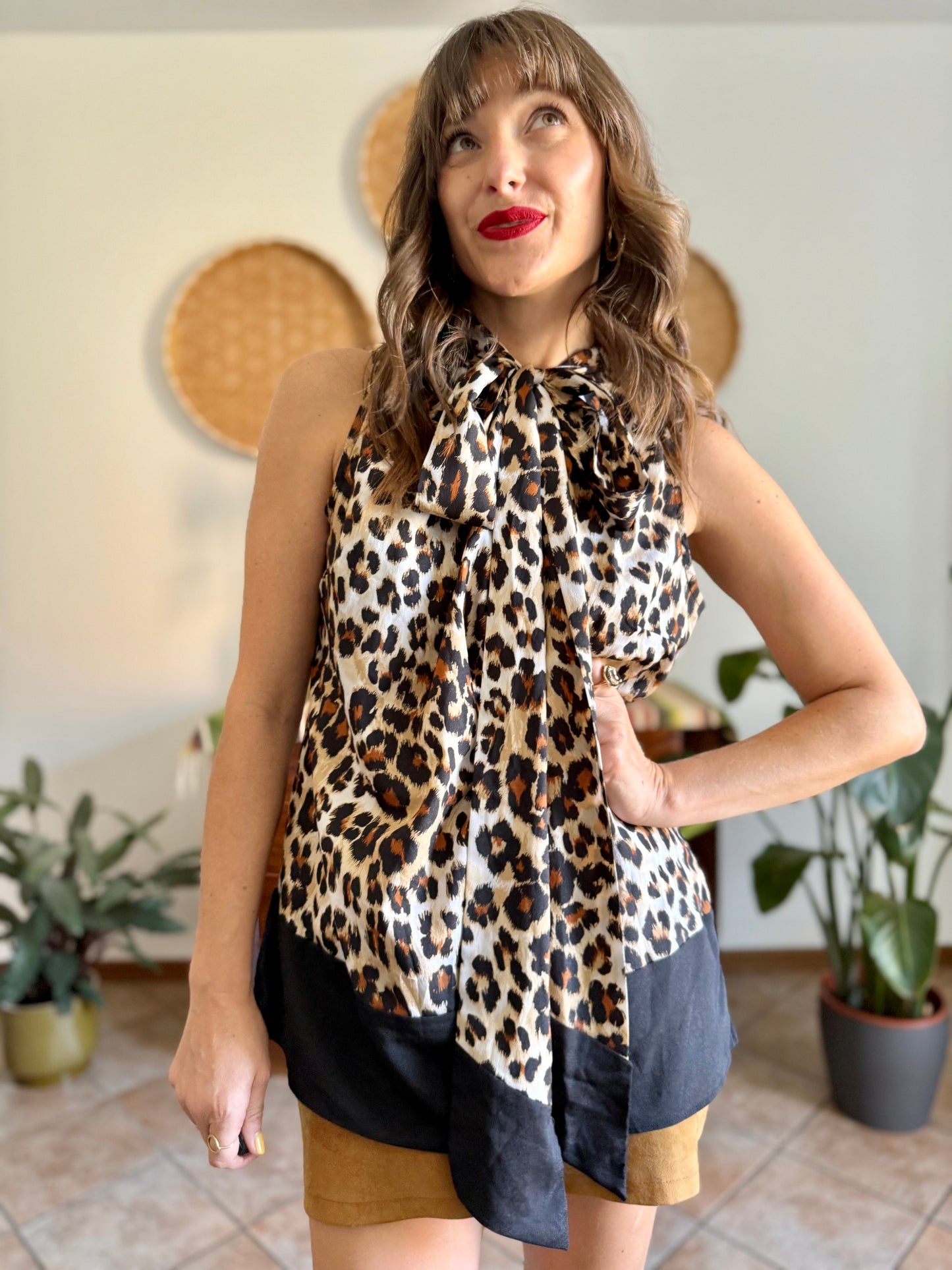 1990’s vintage black and tan leopard print bow tie/ card blouse