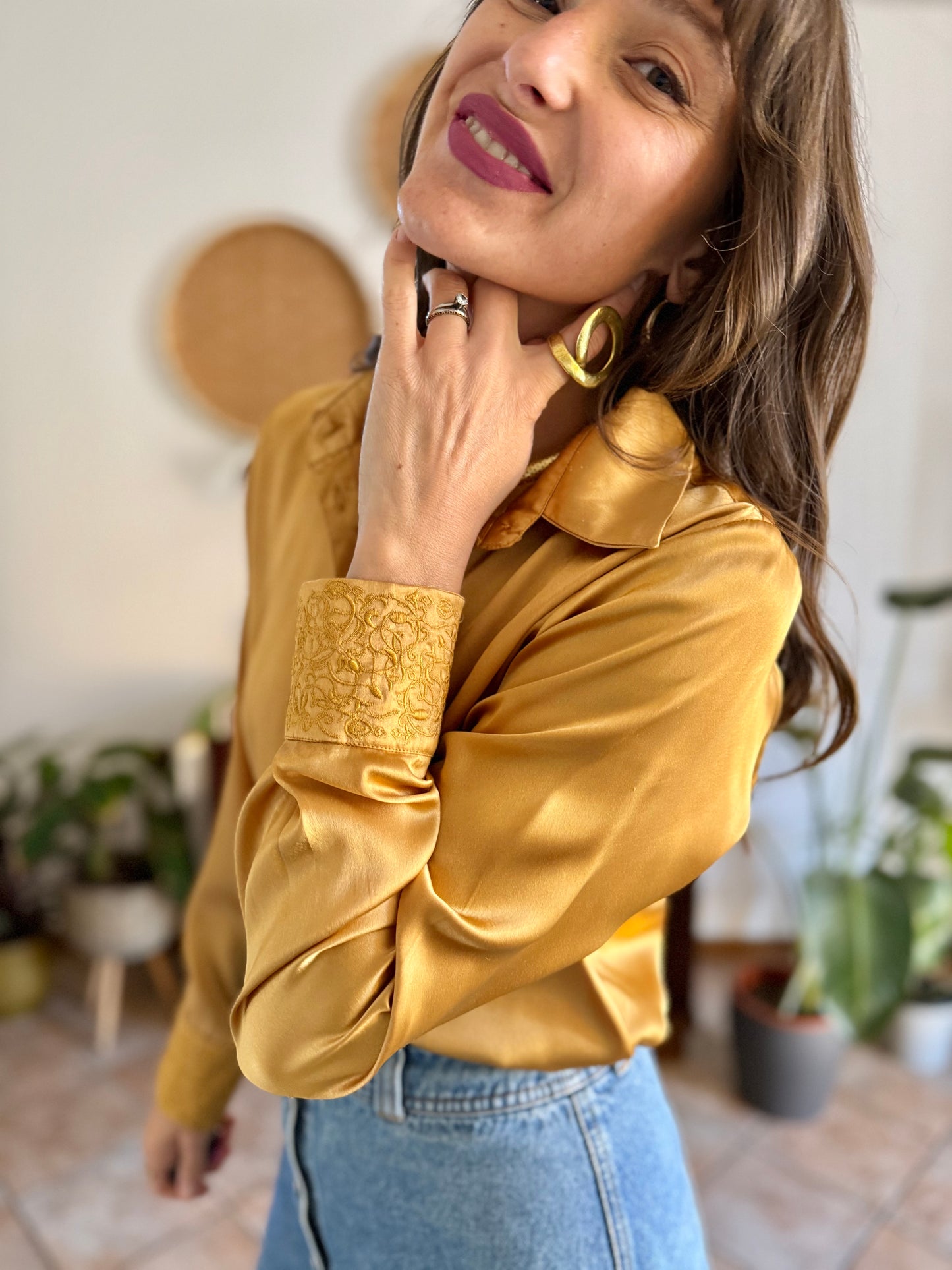 1990's vintage mustard yellow satin blouse with floral embroidered sleeves