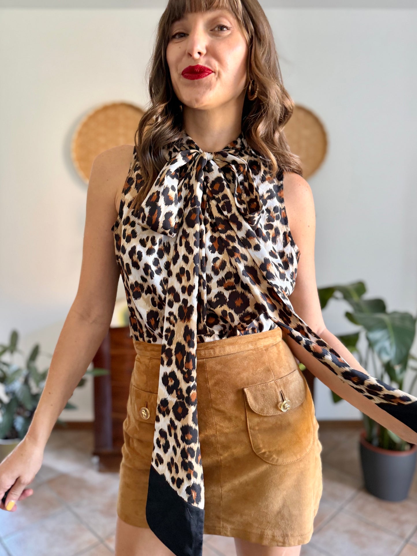 1990’s vintage black and tan leopard print bow tie/ card blouse