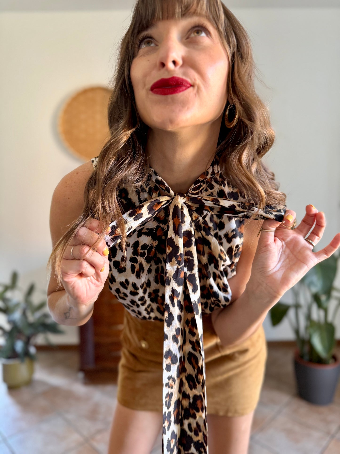 1990’s vintage black and tan leopard print bow tie/ card blouse