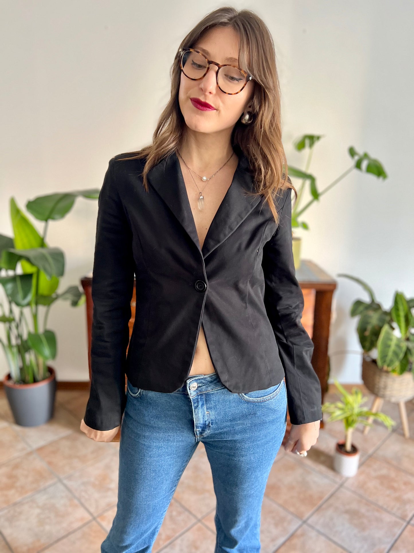 1990's vintage black soft cotton fitted blazer with one button