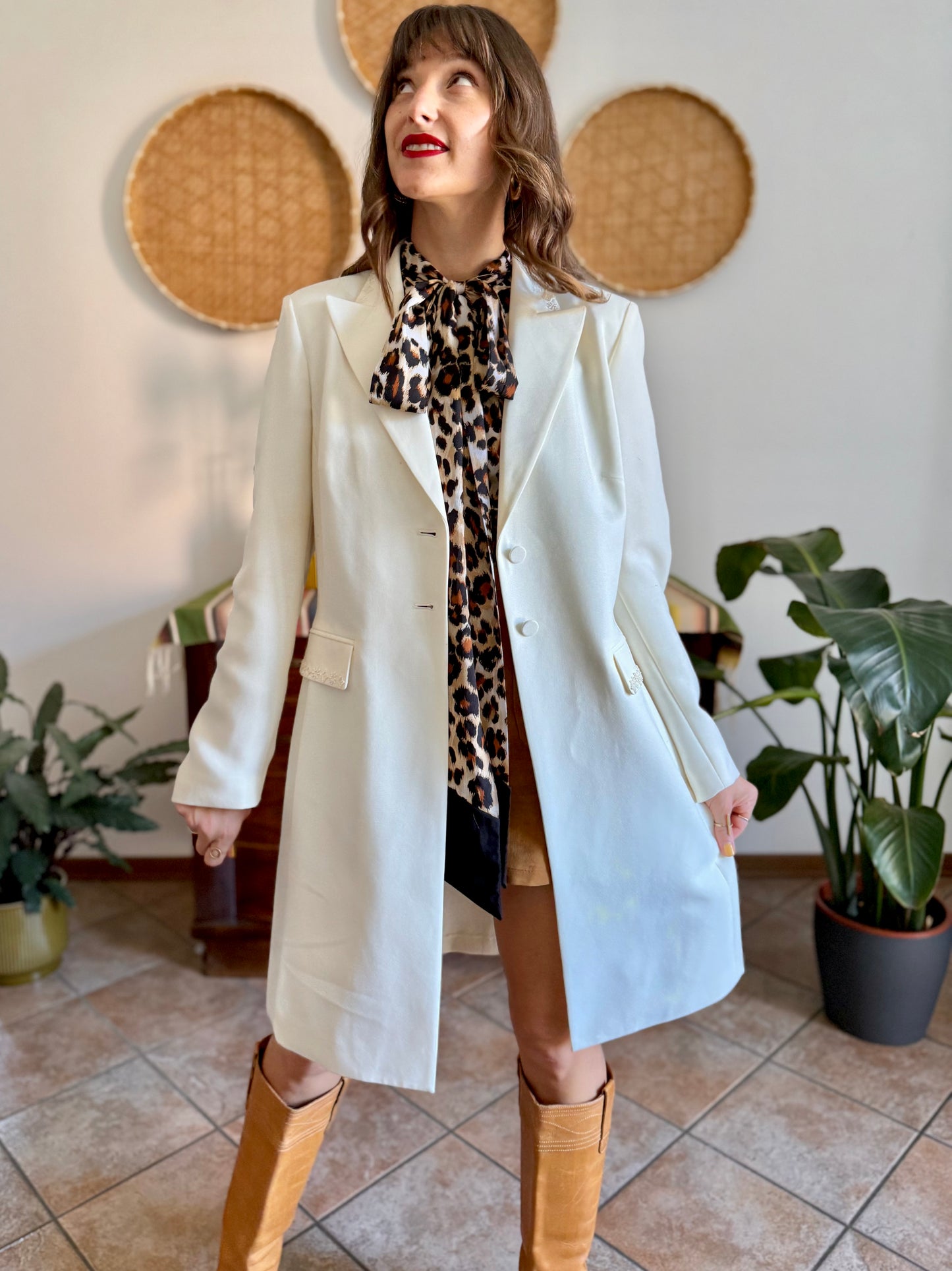 1990’s vintage cream long blazer jacket with cream geometric glass bead detailing