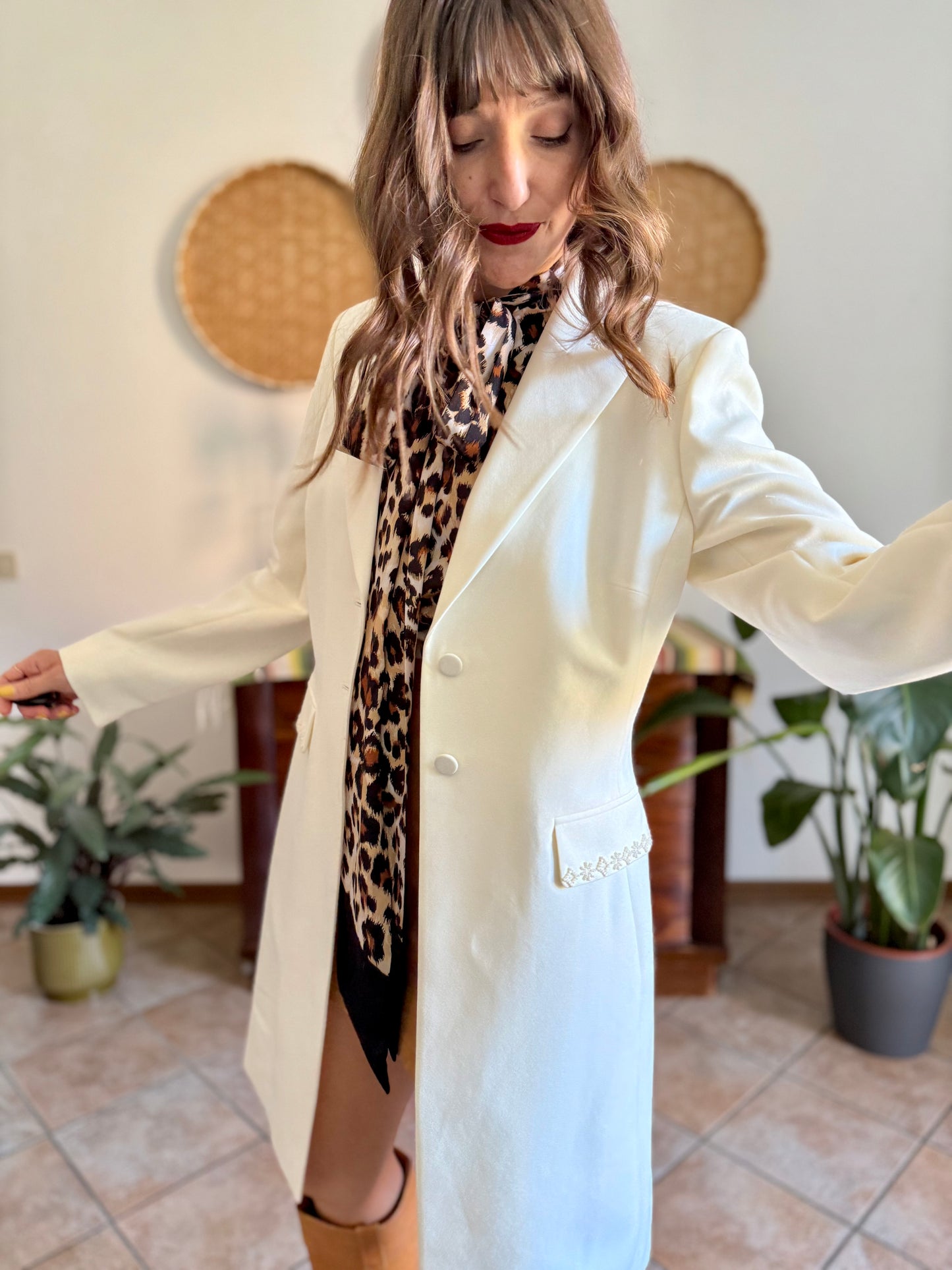 1990’s vintage cream long blazer jacket with cream geometric glass bead detailing