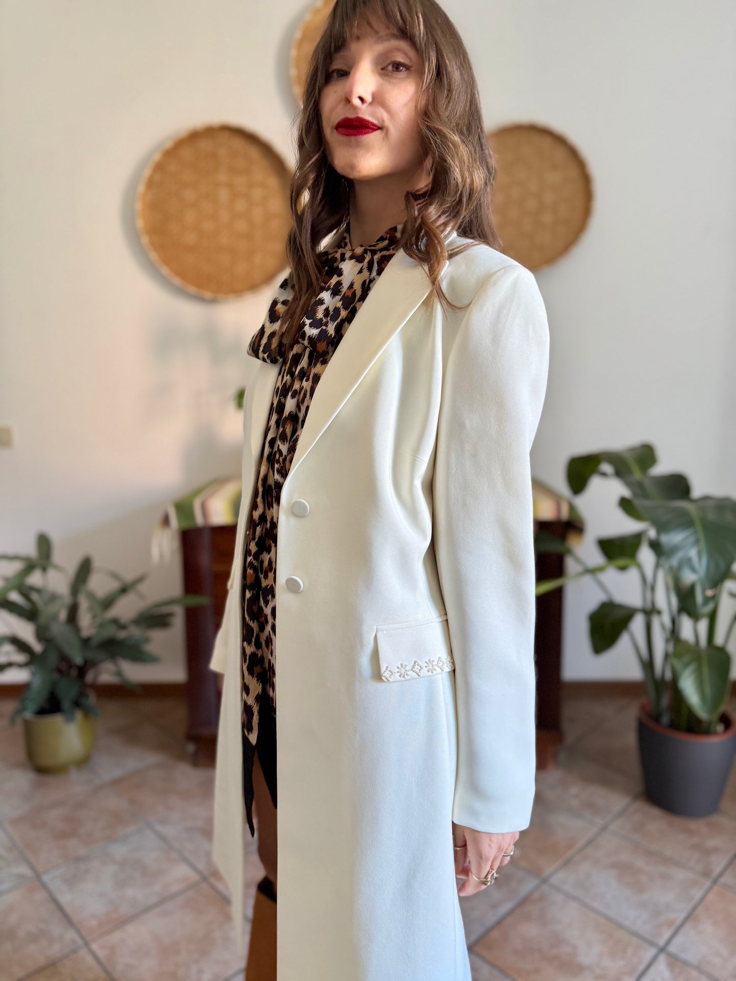 1990’s vintage cream long blazer jacket with cream geometric glass bead detailing
