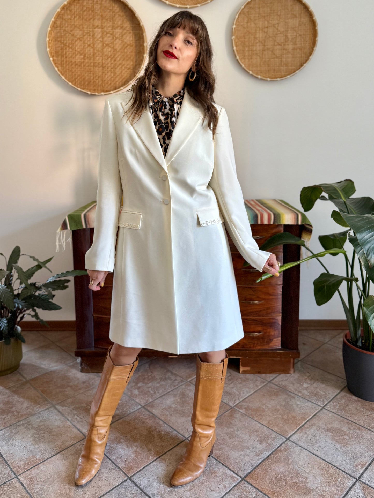 1990’s vintage cream long blazer jacket with cream geometric glass bead detailing
