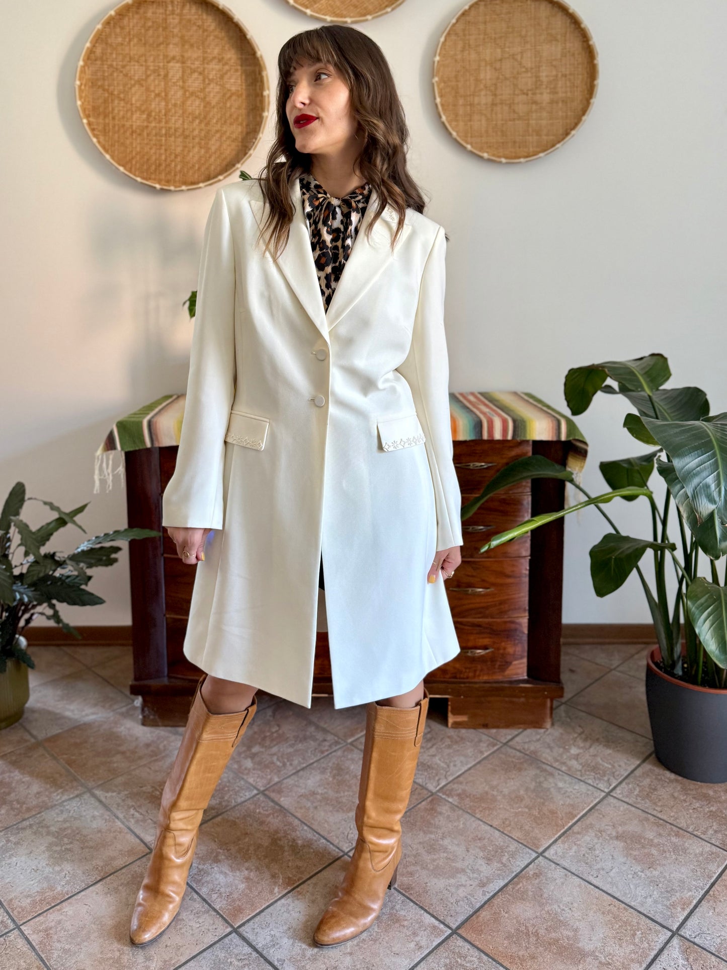 1990’s vintage cream long blazer jacket with cream geometric glass bead detailing