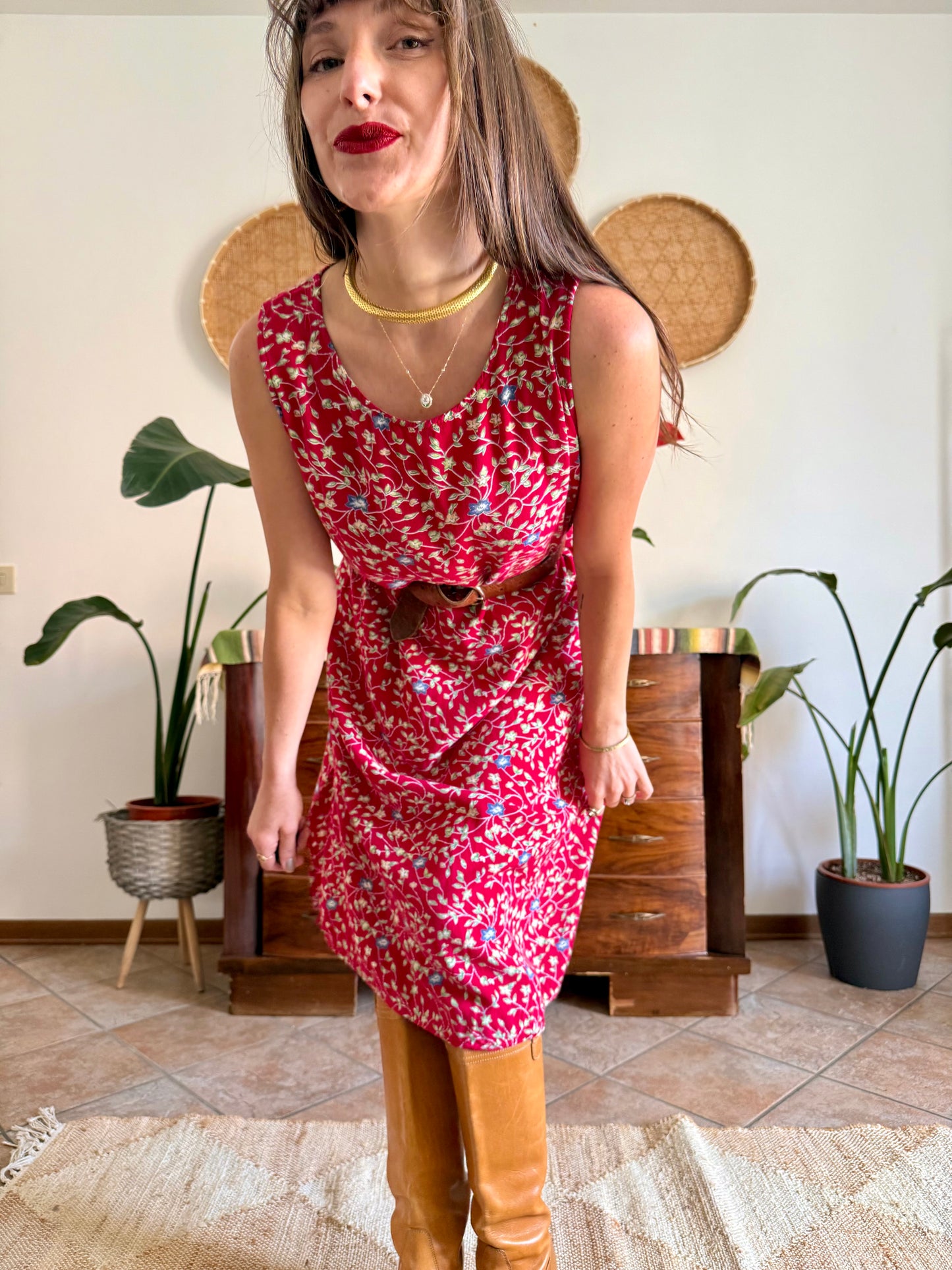 1990's vintage red midi dress with white and blue floral print