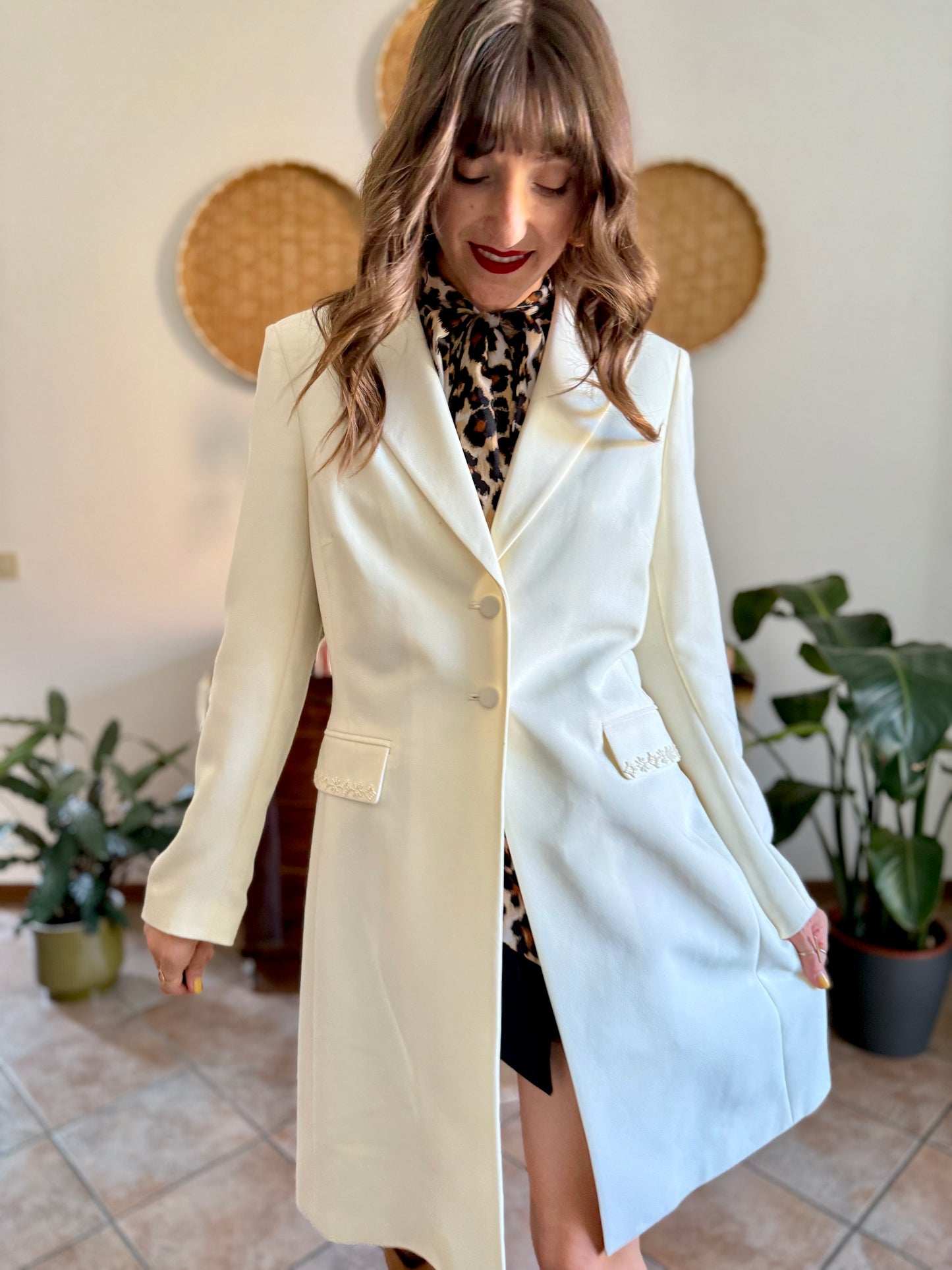 1990’s vintage cream long blazer jacket with cream geometric glass bead detailing