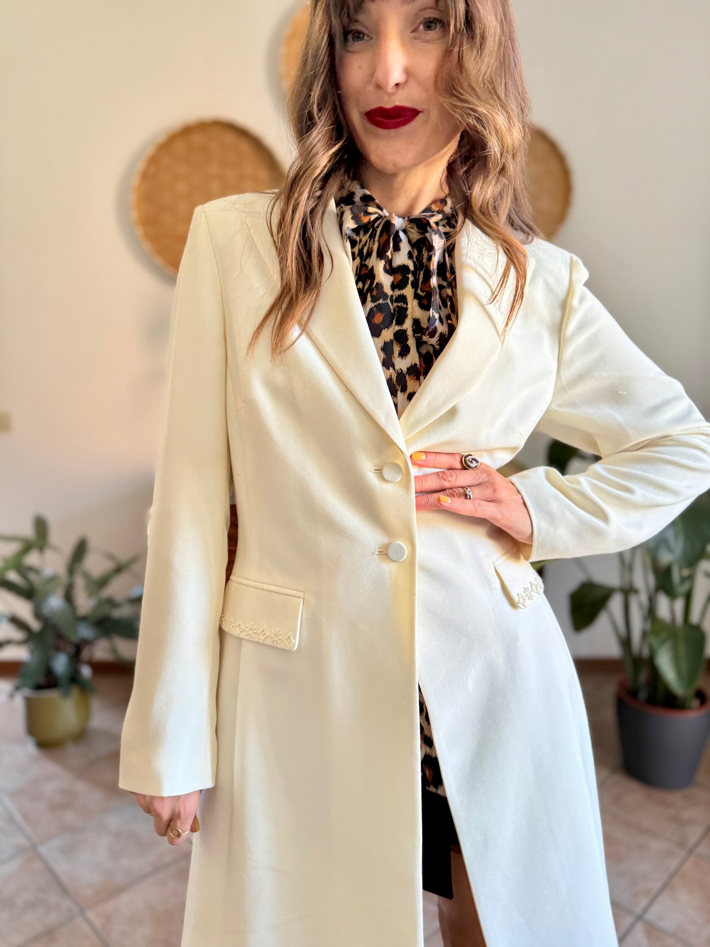 1990’s vintage cream long blazer jacket with cream geometric glass bead detailing