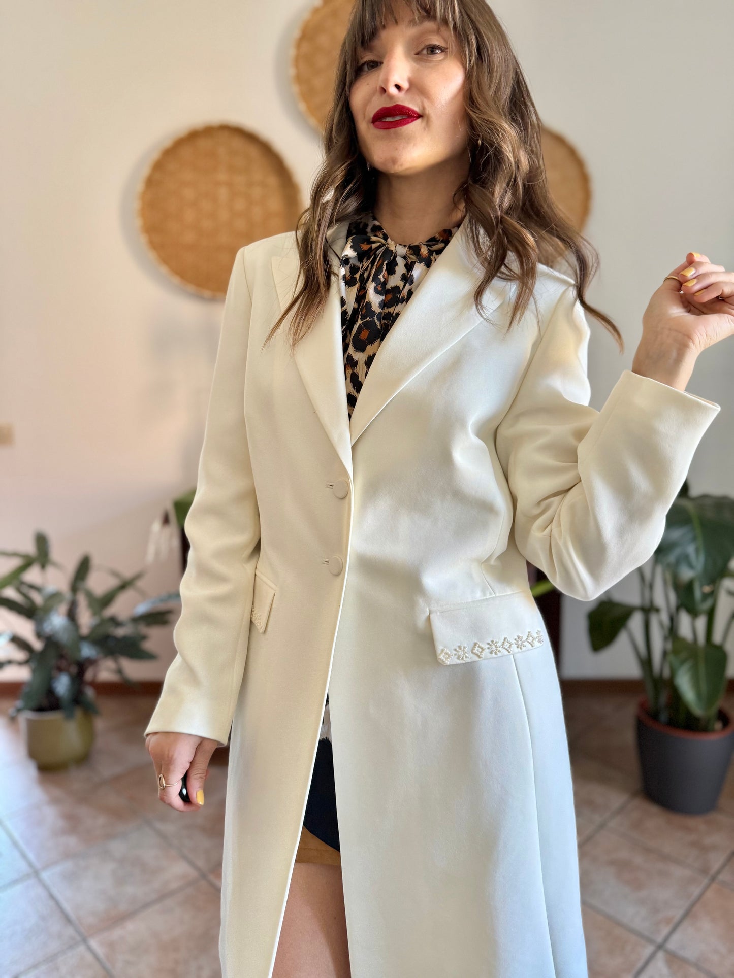 1990’s vintage cream long blazer jacket with cream geometric glass bead detailing