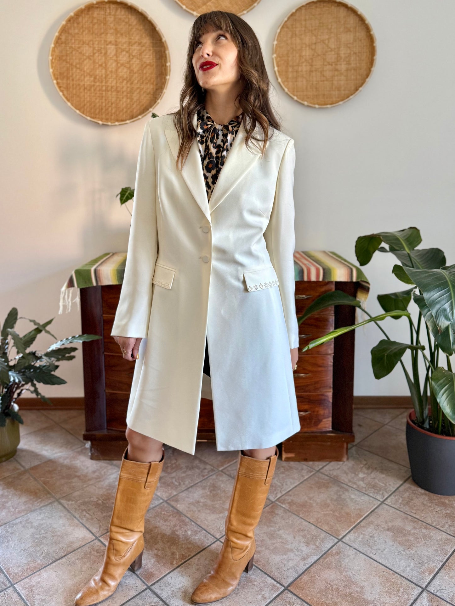 1990’s vintage cream long blazer jacket with cream geometric glass bead detailing