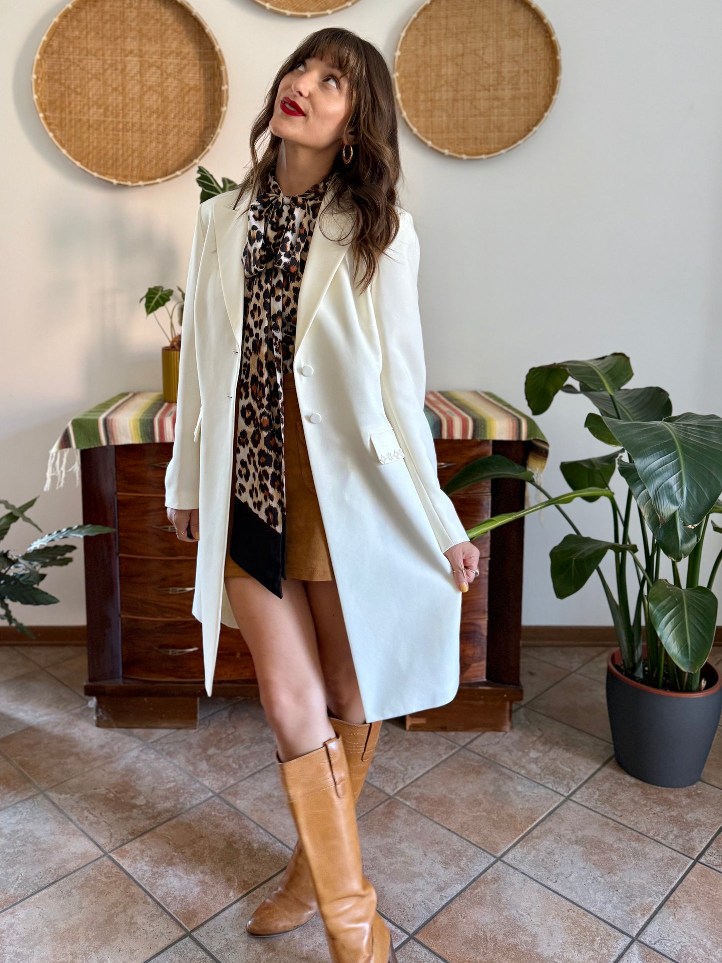 1990’s vintage cream long blazer jacket with cream geometric glass bead detailing