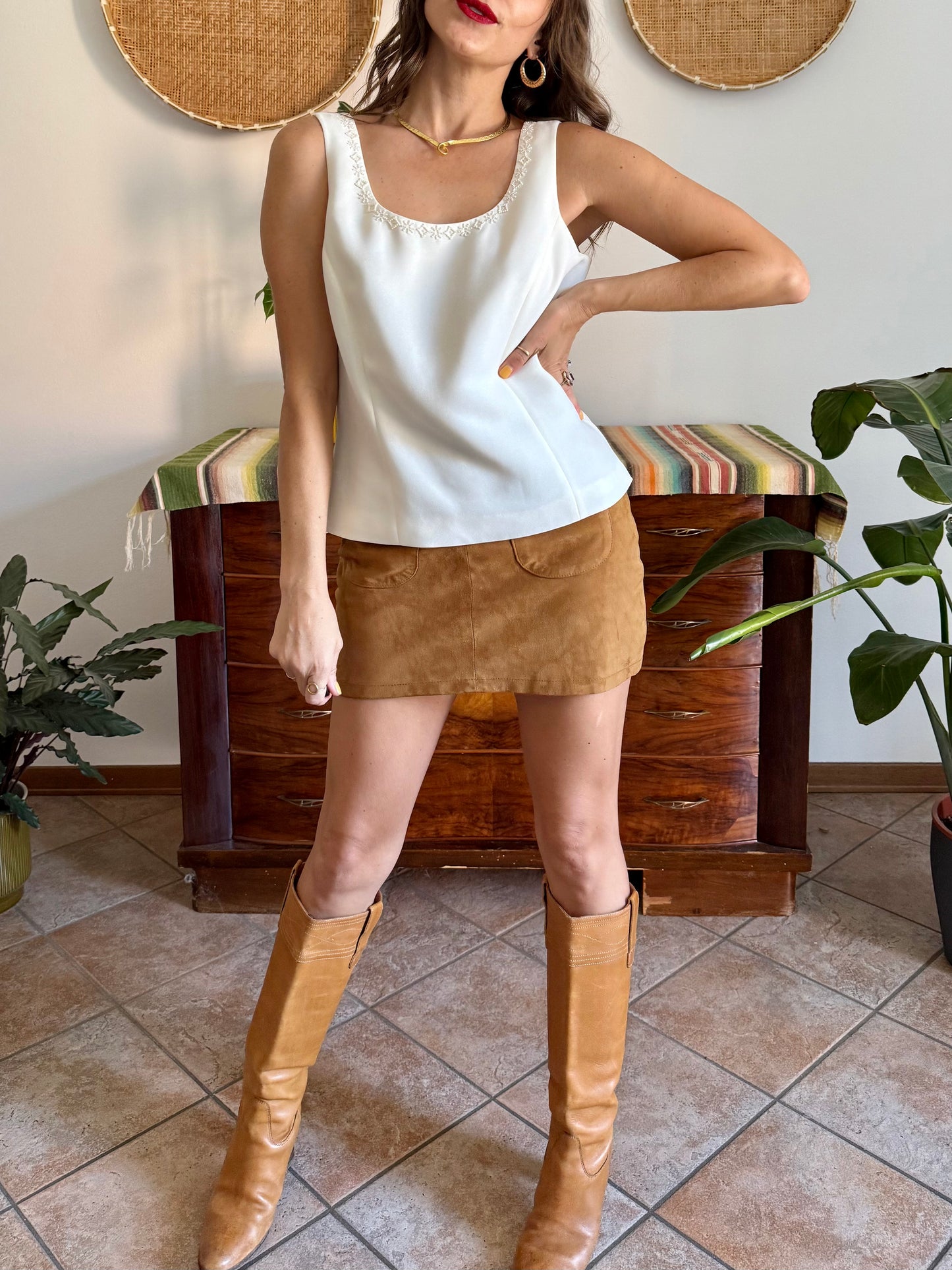 1990’s vintage cream structured sleeveless blouse with cream glass bead detailing