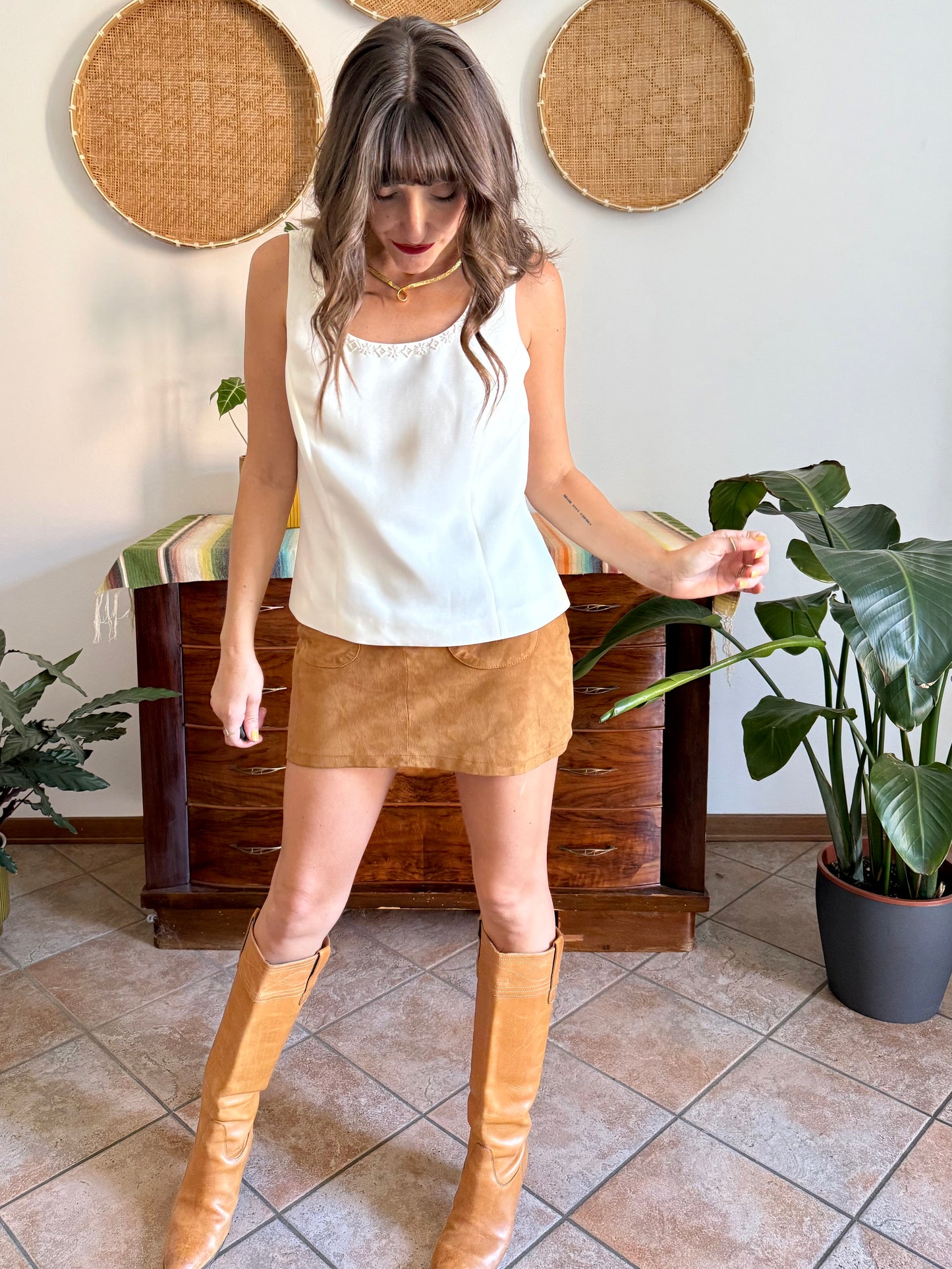 1990’s vintage cream structured sleeveless blouse with cream glass bead detailing