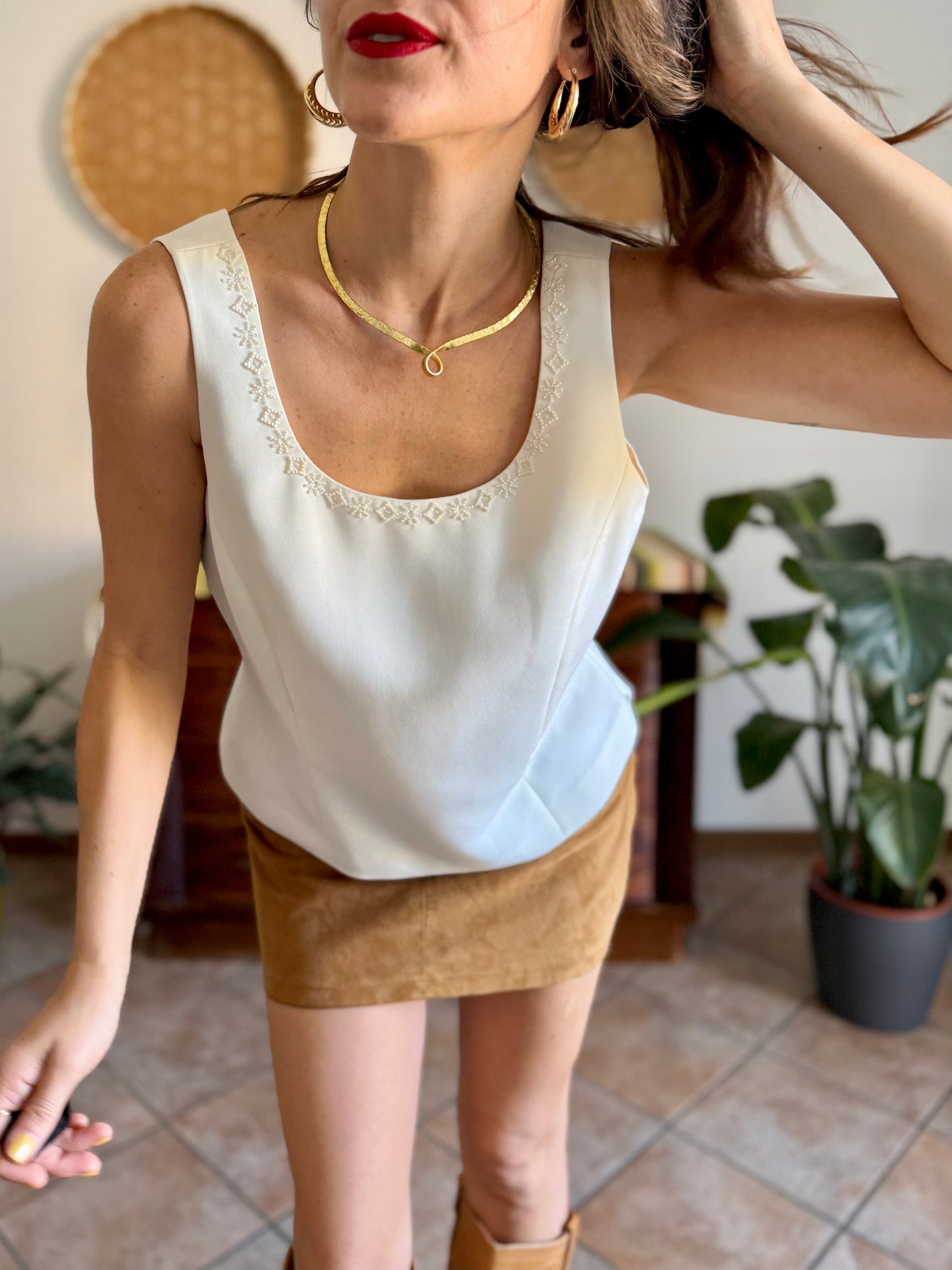1990’s vintage cream structured sleeveless blouse with cream glass bead detailing