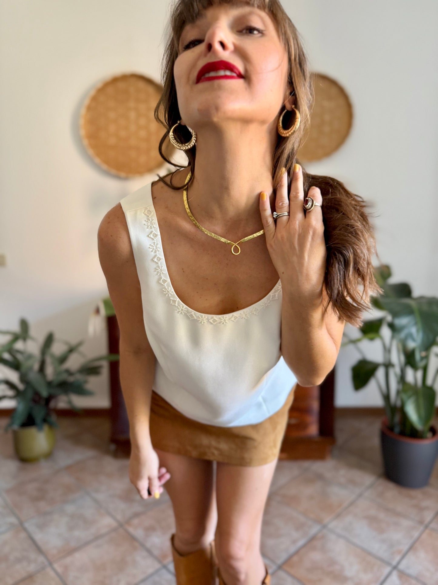 1990’s vintage cream structured sleeveless blouse with cream glass bead detailing