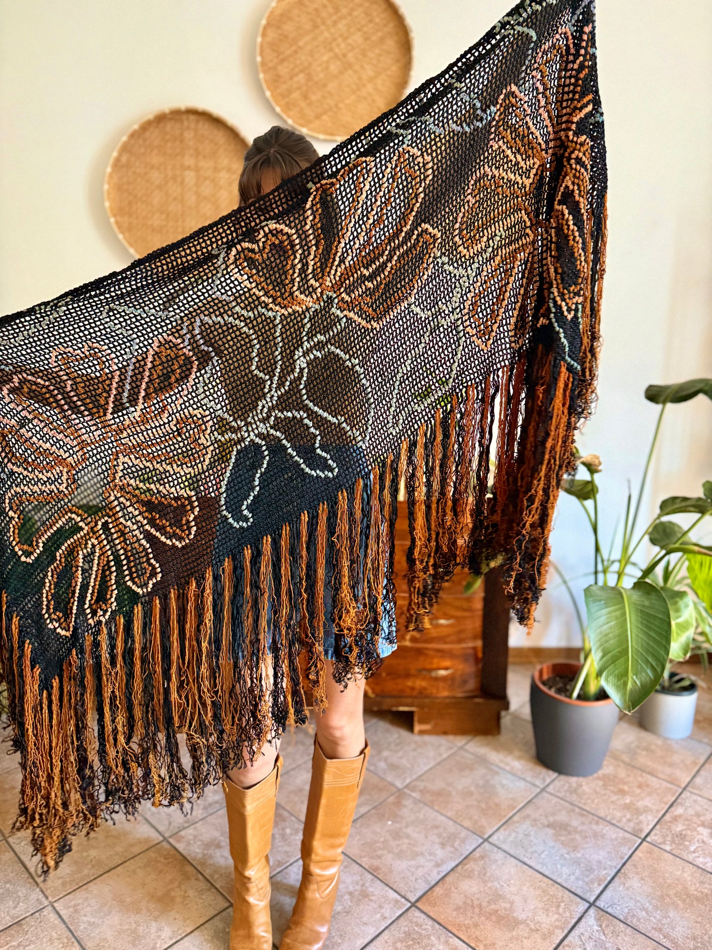 1970's vintage black and tan floral chenille knit shawl with fringe detailing
