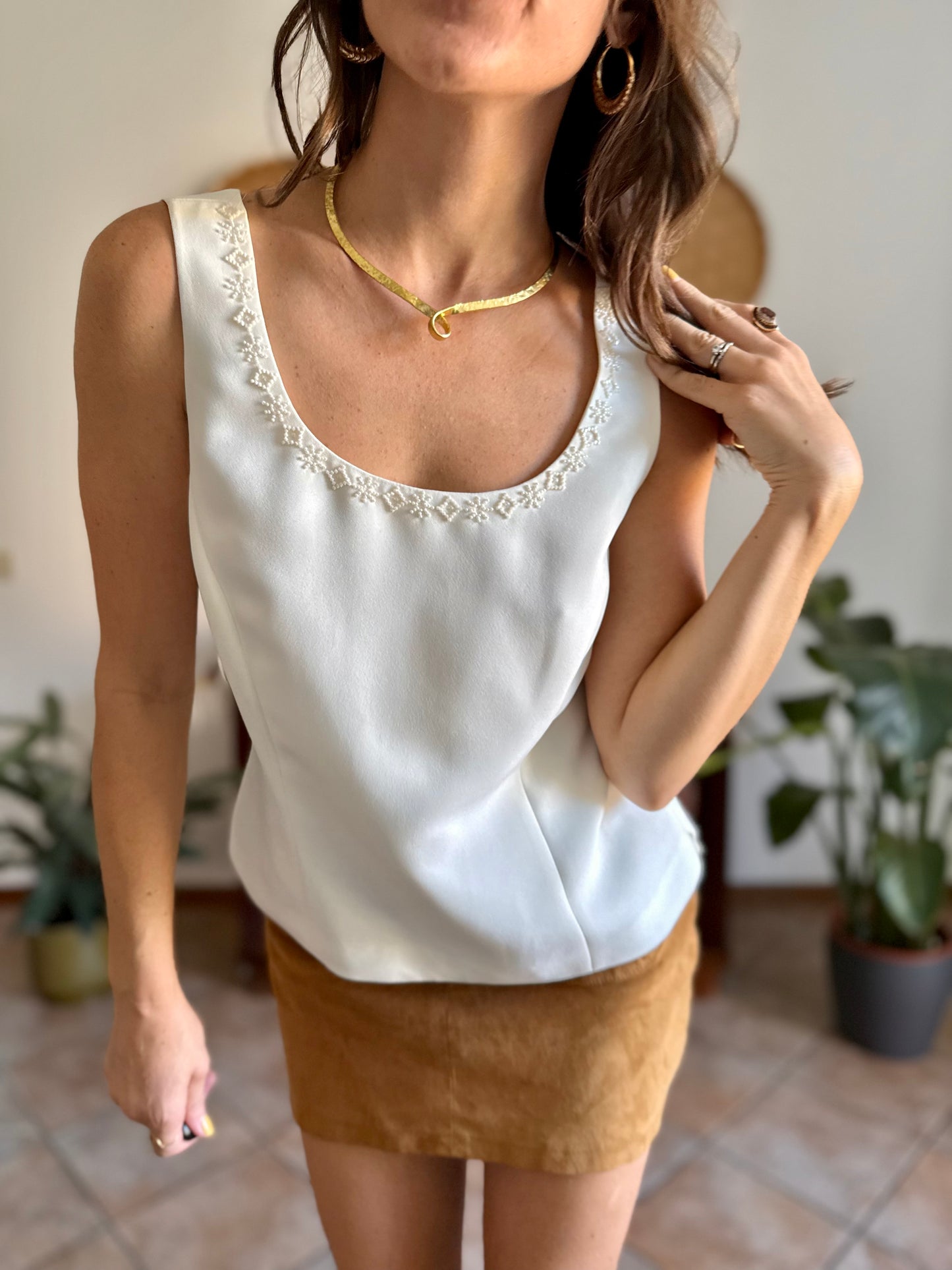1990’s vintage cream structured sleeveless blouse with cream glass bead detailing