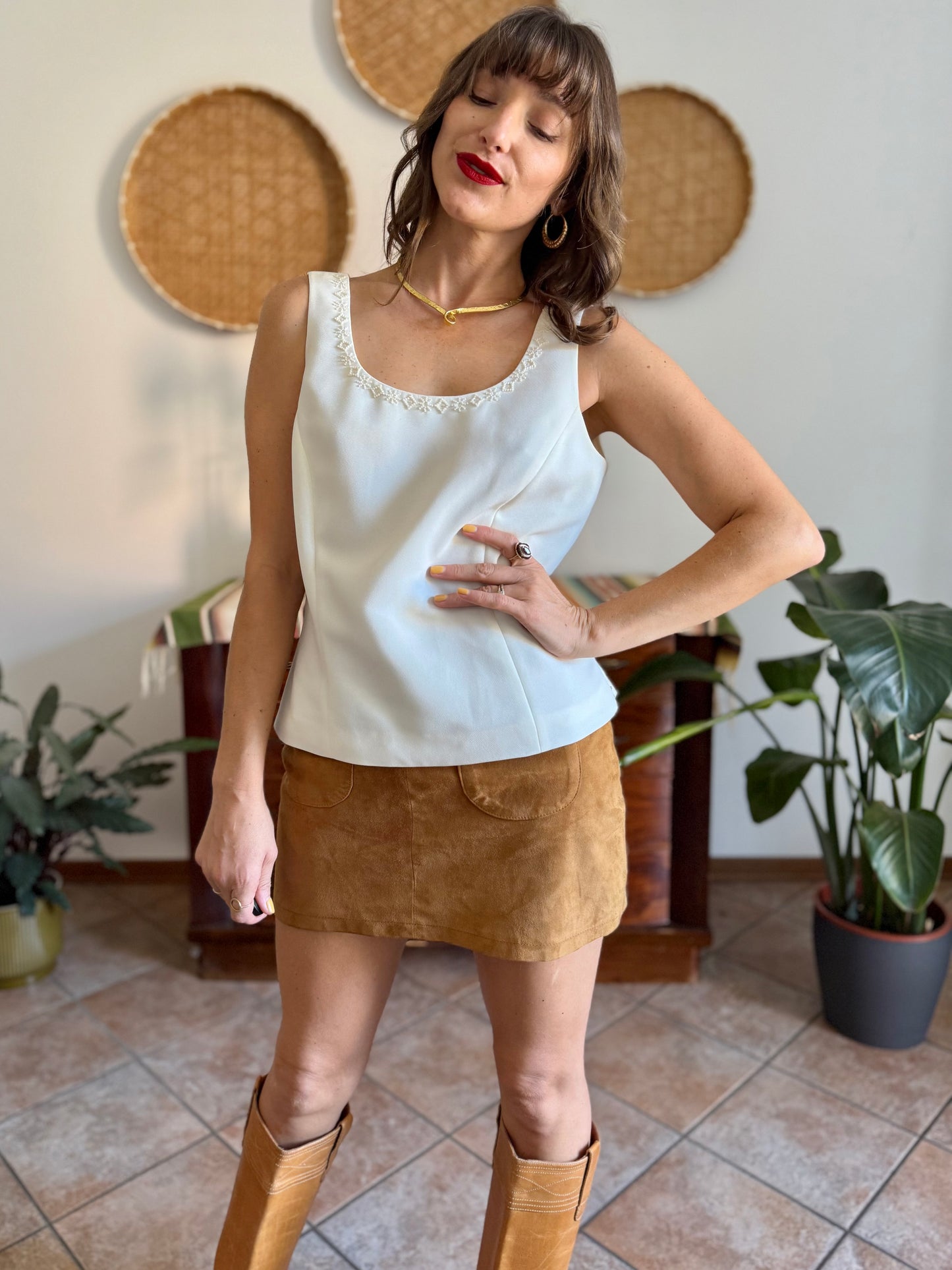 1990’s vintage cream structured sleeveless blouse with cream glass bead detailing