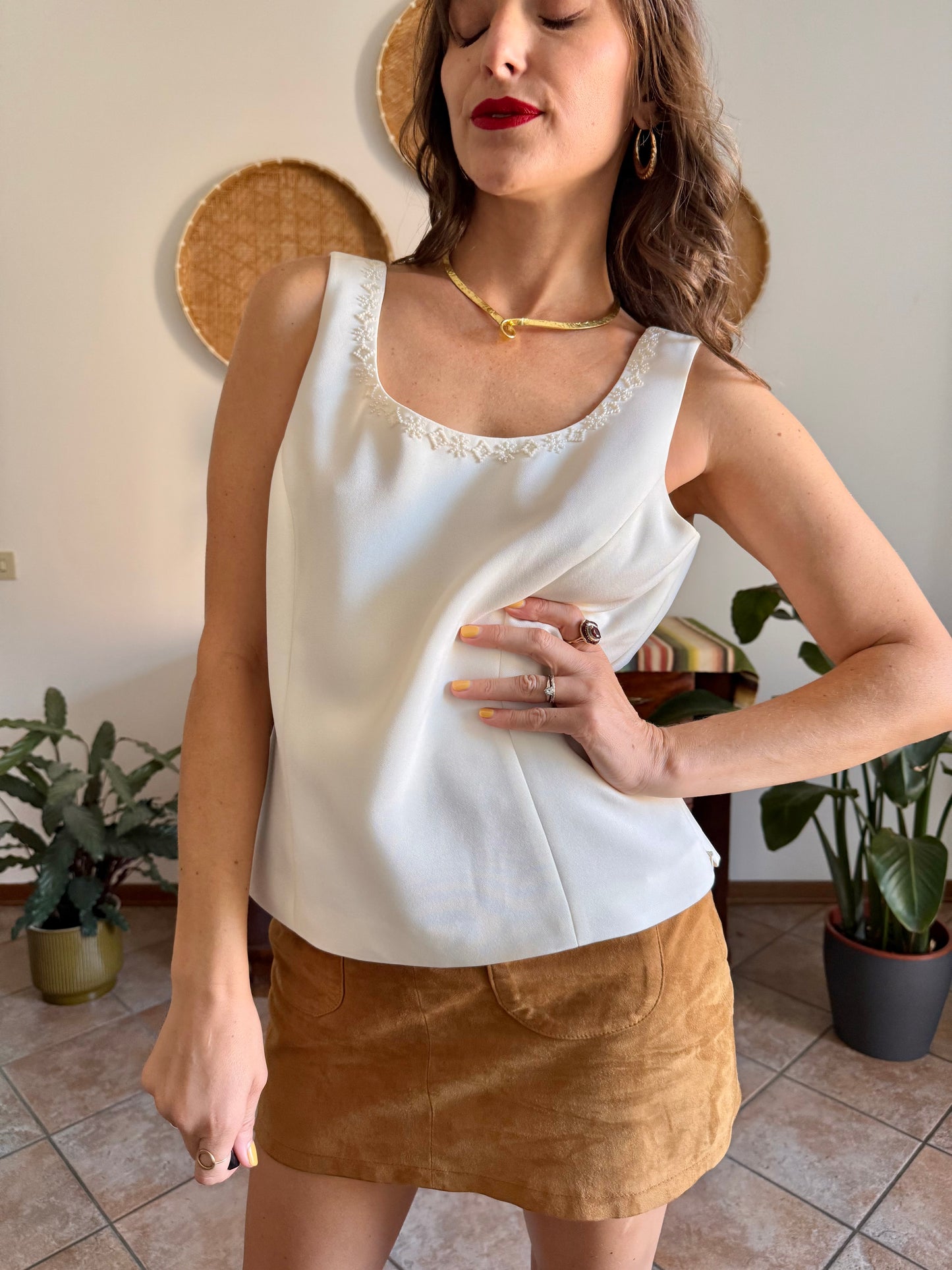1990’s vintage cream structured sleeveless blouse with cream glass bead detailing