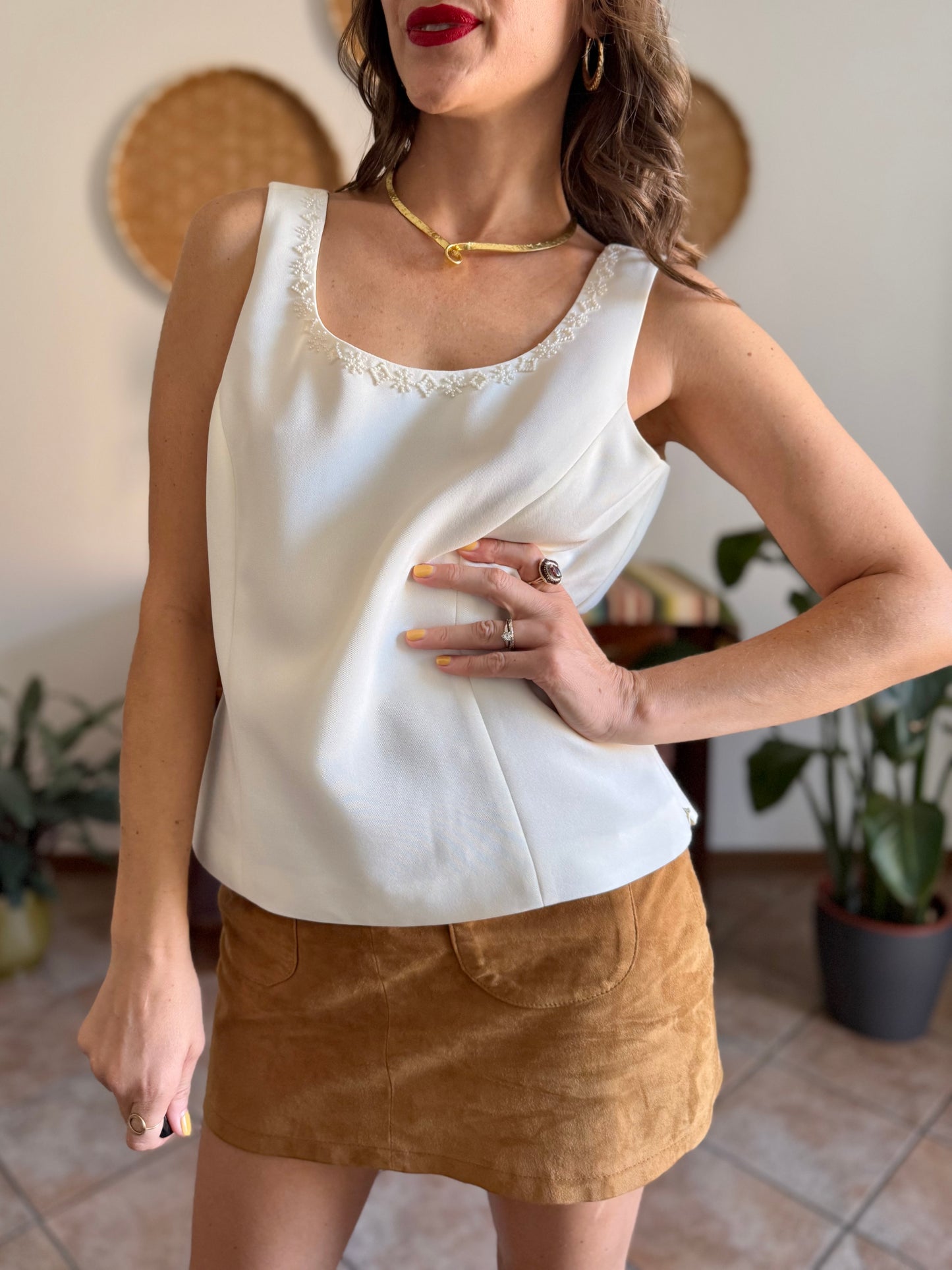 1990’s vintage cream structured sleeveless blouse with cream glass bead detailing