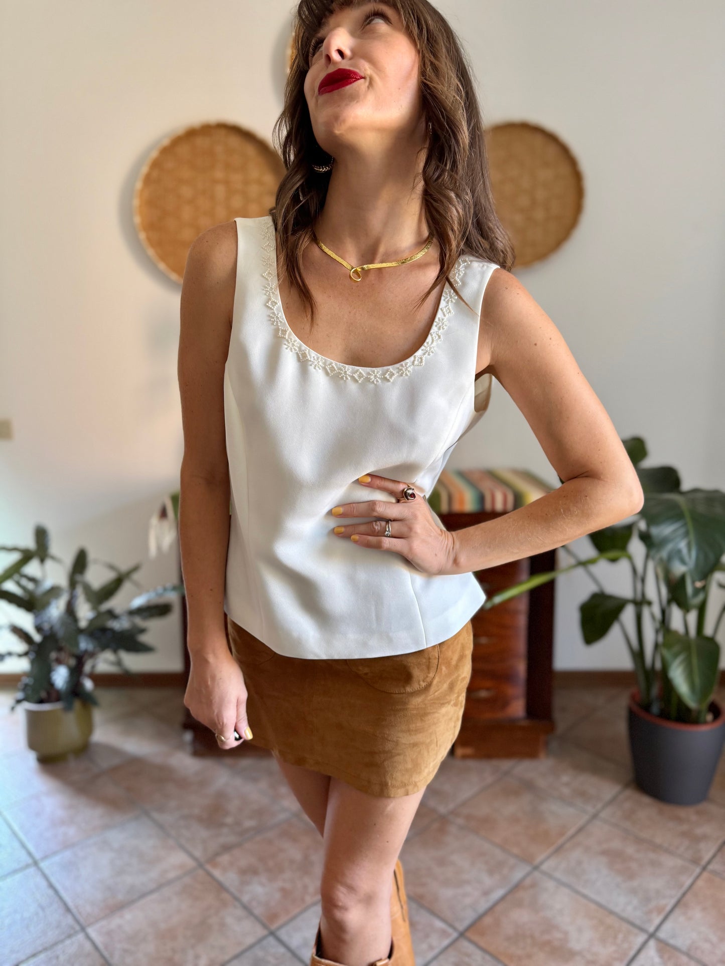 1990’s vintage cream structured sleeveless blouse with cream glass bead detailing