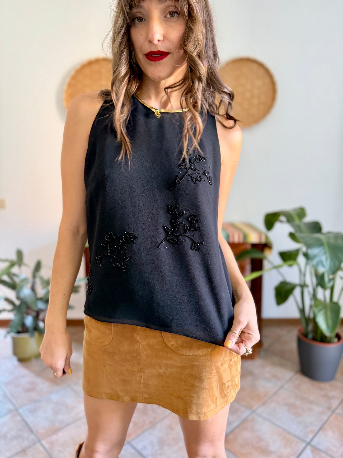 1990’s vintage black structured double layer sleeveless blouse with glass bead floral detailing