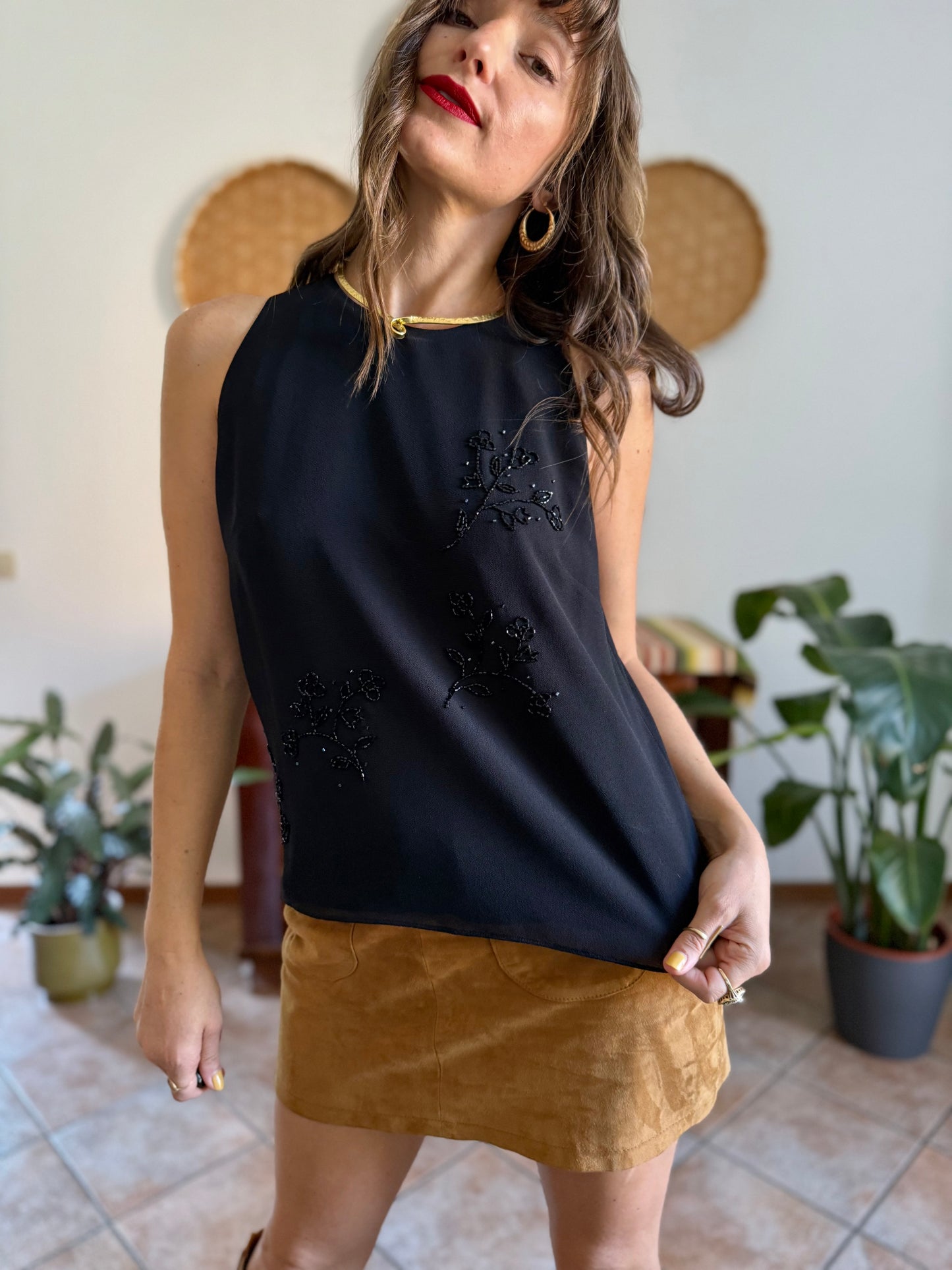 1990’s vintage black structured double layer sleeveless blouse with glass bead floral detailing