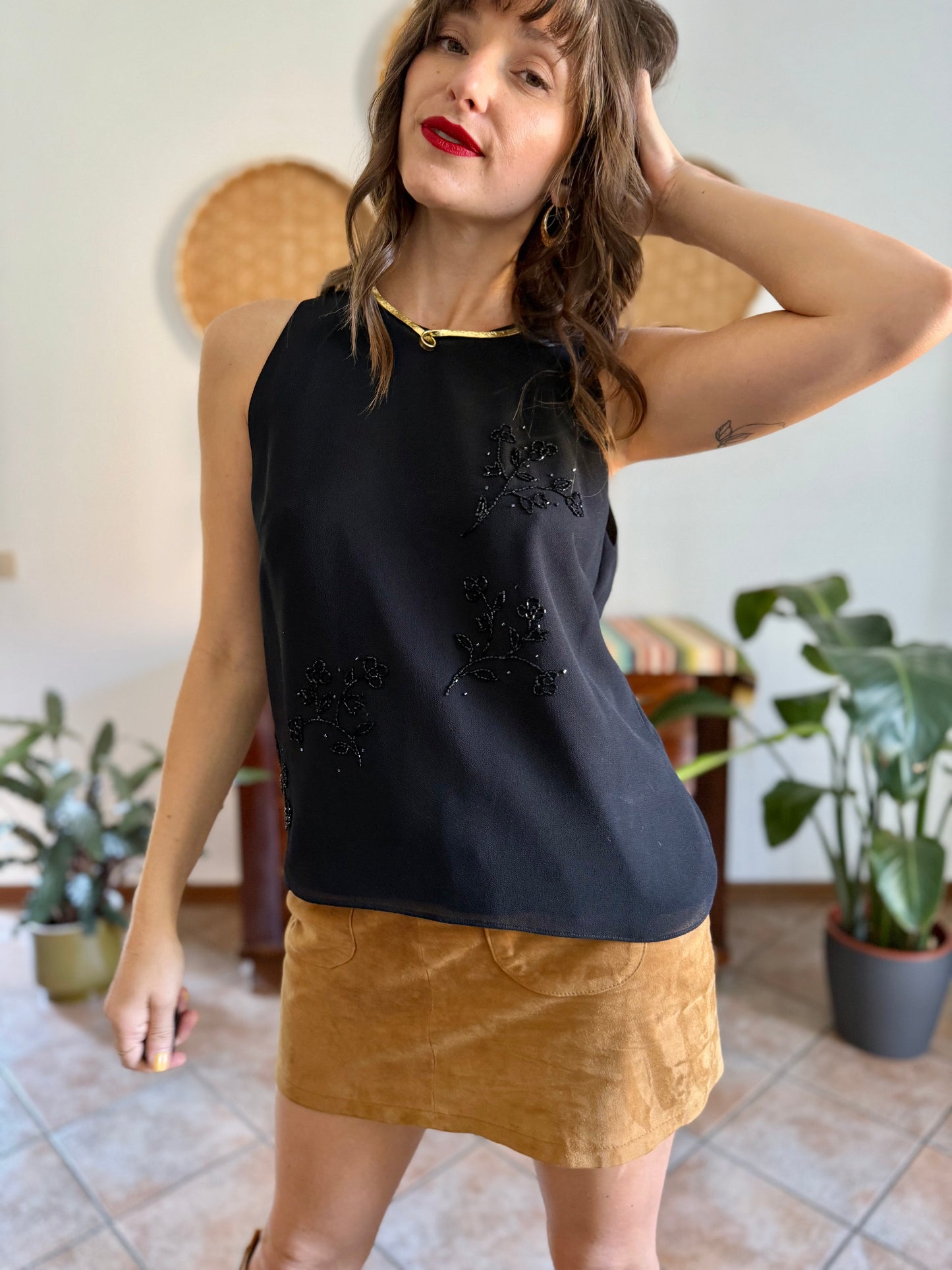 1990’s vintage black structured double layer sleeveless blouse with glass bead floral detailing