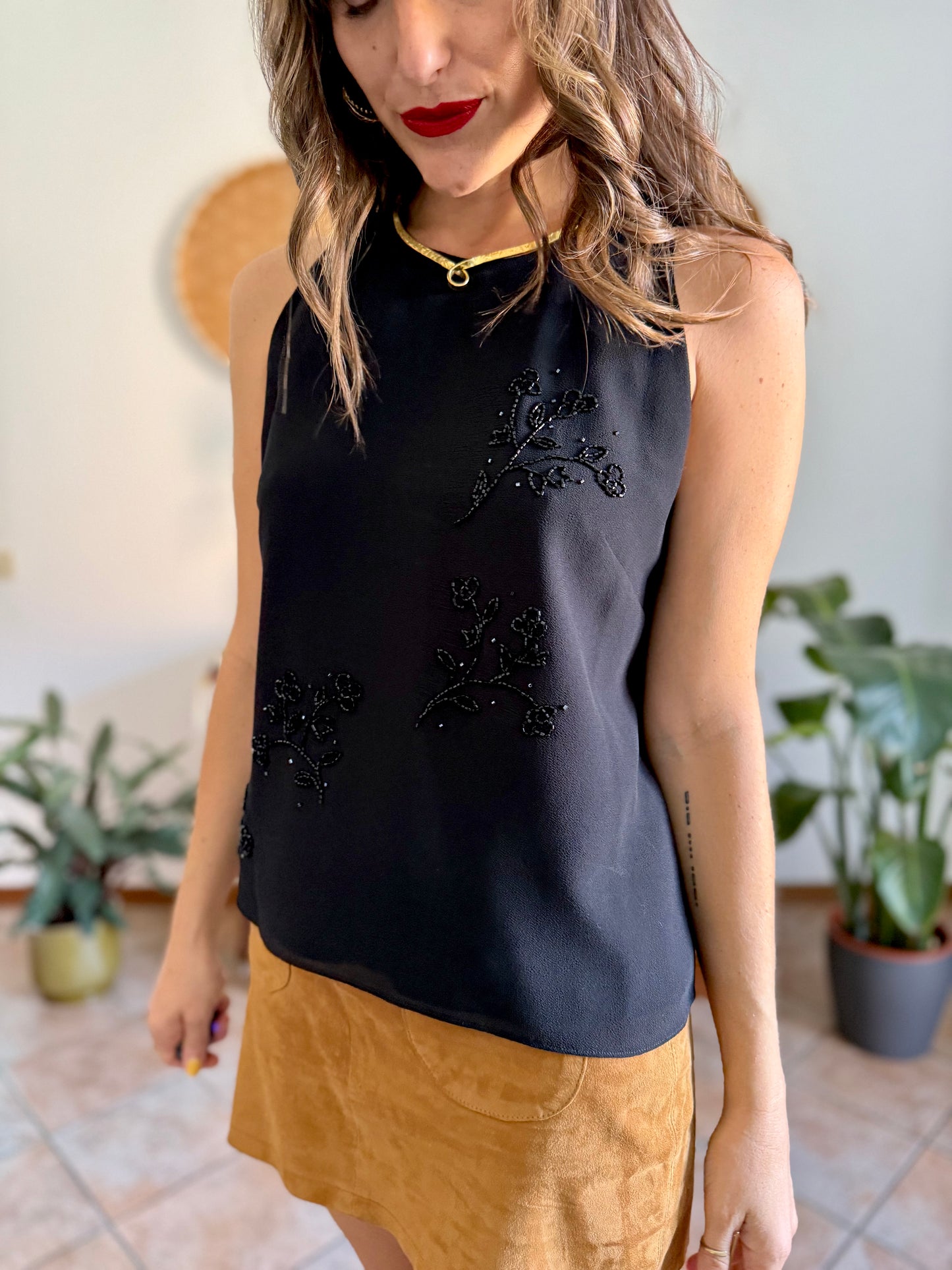 1990’s vintage black structured double layer sleeveless blouse with glass bead floral detailing