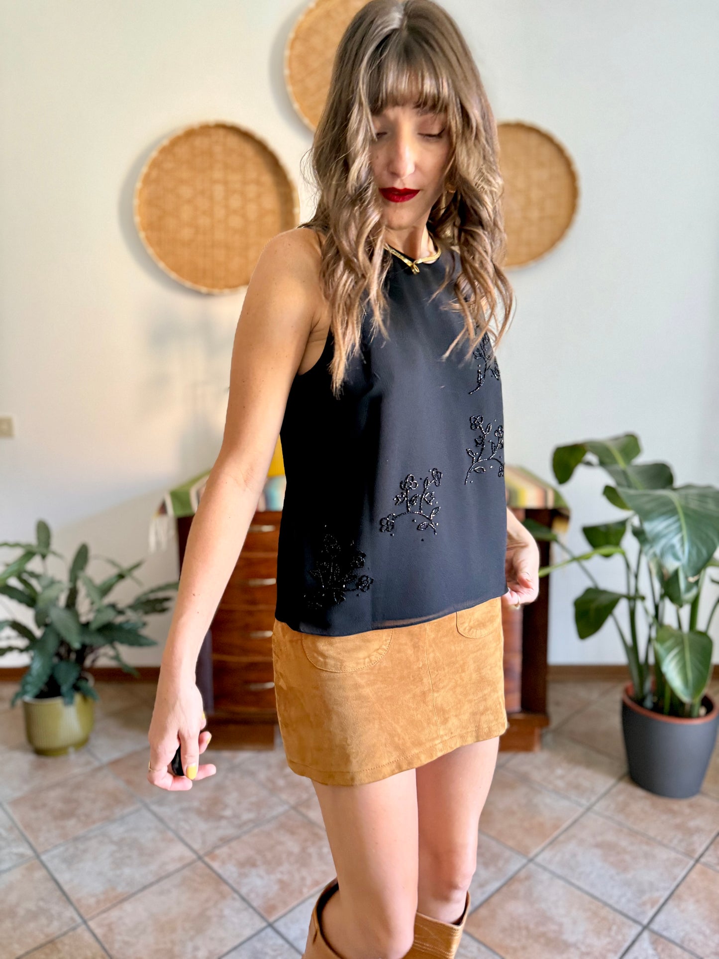 1990’s vintage black structured double layer sleeveless blouse with glass bead floral detailing