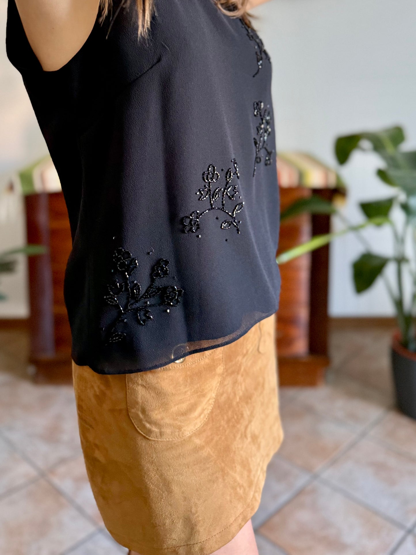 1990’s vintage black structured double layer sleeveless blouse with glass bead floral detailing