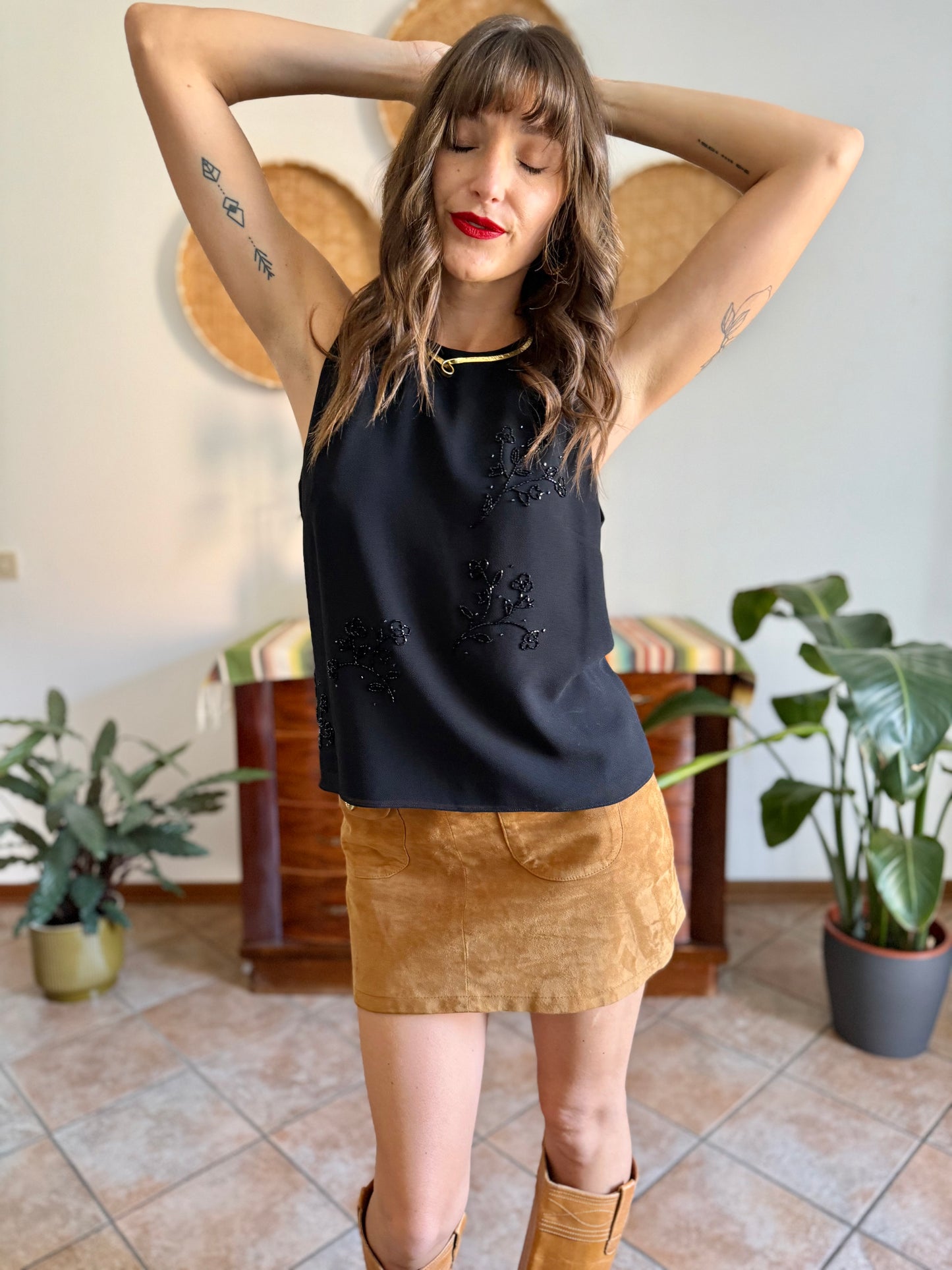 1990’s vintage black structured double layer sleeveless blouse with glass bead floral detailing