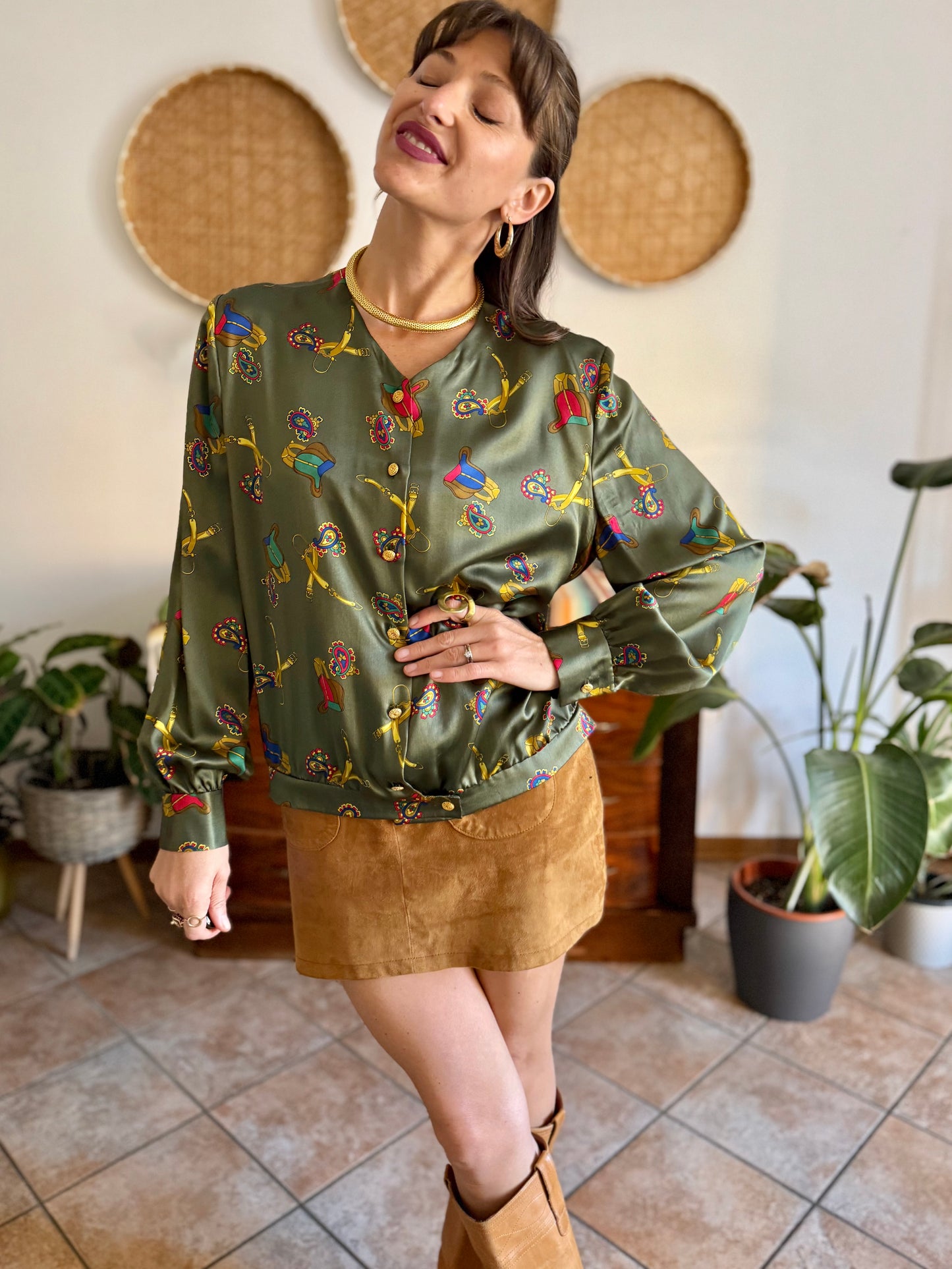 1970’s vintage green silk blouse with multicolor equestrian \print