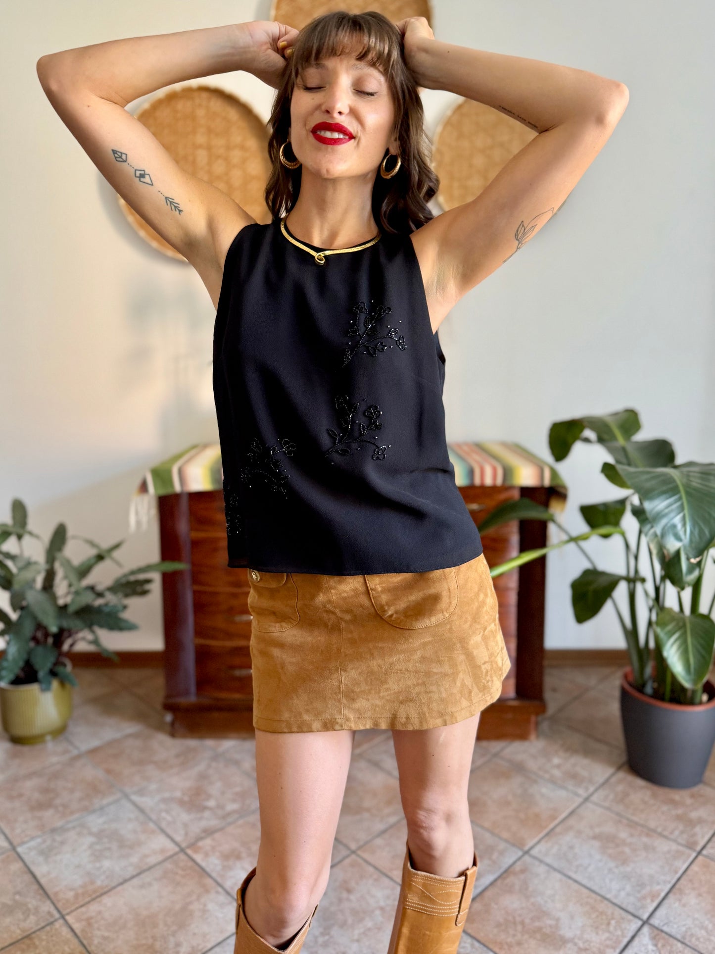 1990’s vintage black structured double layer sleeveless blouse with glass bead floral detailing