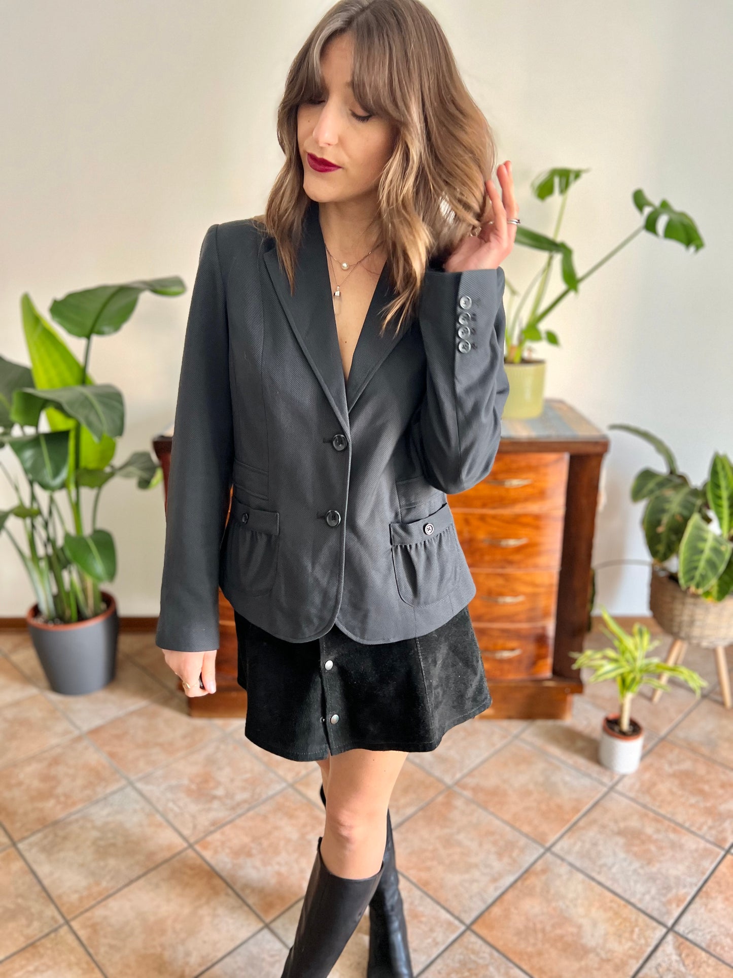 Y2k vintage two tone textured grey blazer with ruffle pockets